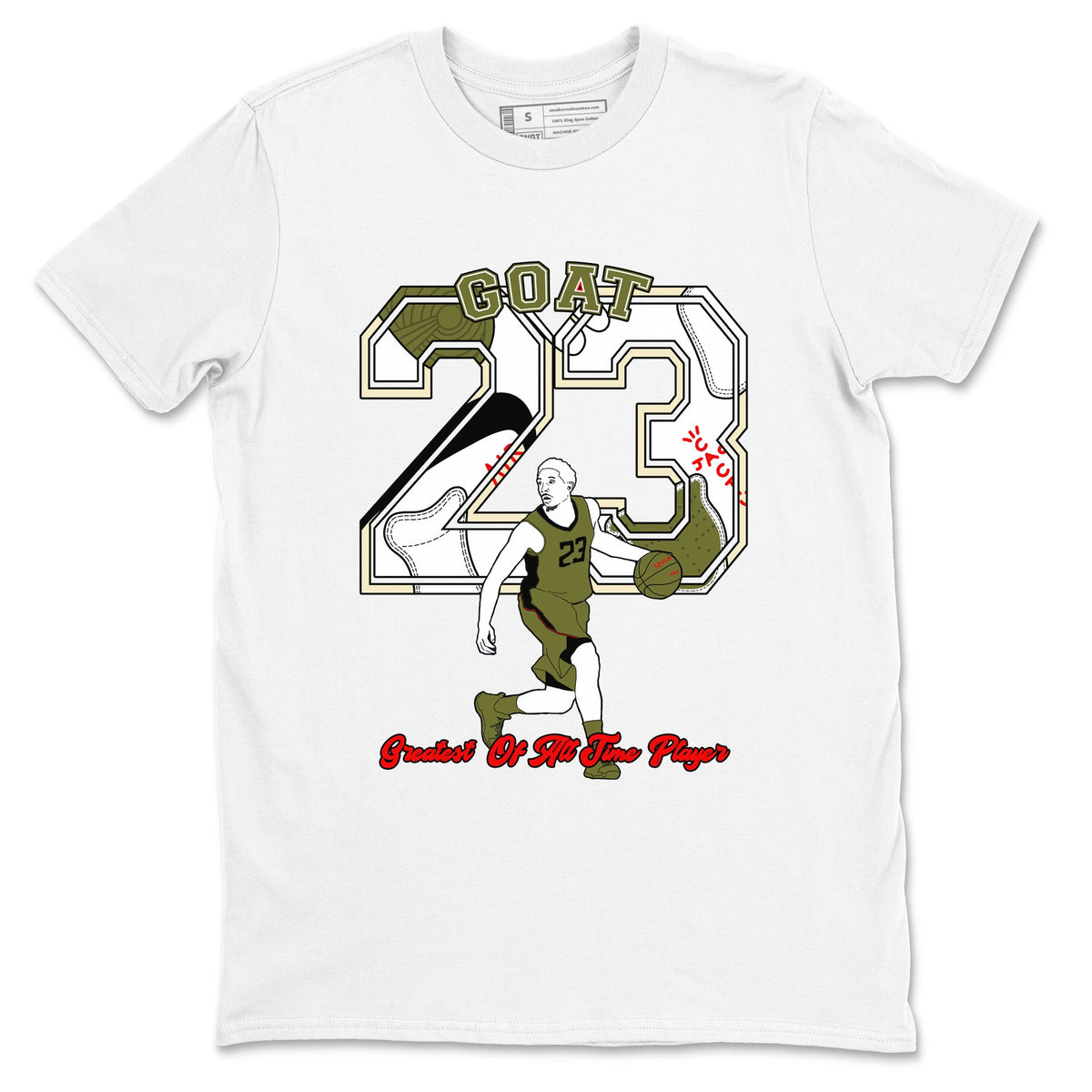 Jordan 1 Olive t shirts to match sneakers Goat Player sneaker match tees Air Jordan 1 Low x Travis Scott Reverse Olive tee Drip Gear Zone unisex cotton White 2 shirts