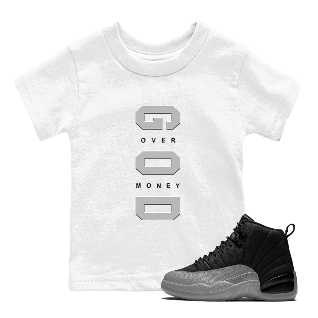 Air Jordan 12 Black And Wolf Grey t shirts to match sneakers God Over Money sneaker match tees 12s Black Wolf Grey tee Drip Gear Zone Youth Baby White 1 tee