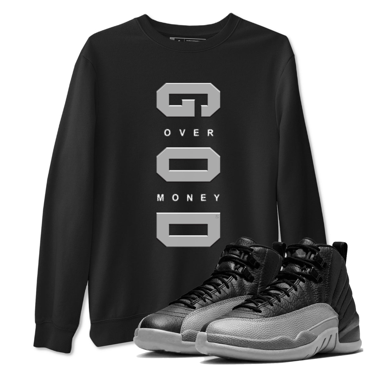 Air Jordan 12 Black And Wolf Grey t shirts to match sneakers God Over Money sneaker match tees 12s Black Wolf Grey tee Drip Gear Zone unisex cotton Black 1 shirts