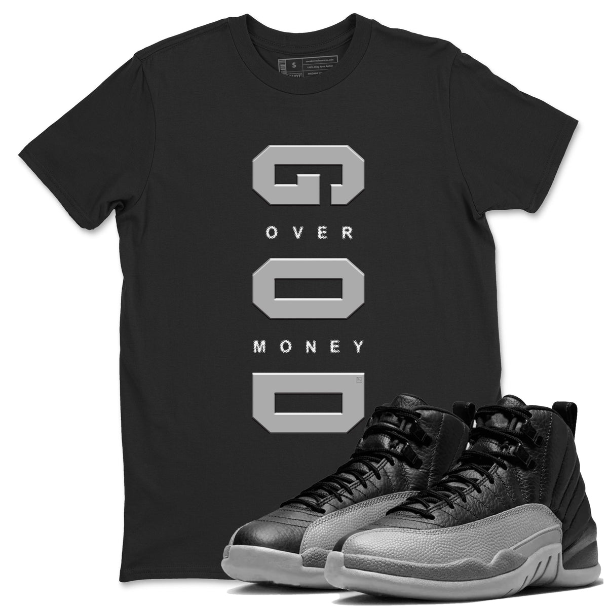 Air Jordan 12 Black And Wolf Grey t shirts to match sneakers God Over Money sneaker match tees 12s Black Wolf Grey tee Drip Gear Zone unisex cotton Black 1 shirts