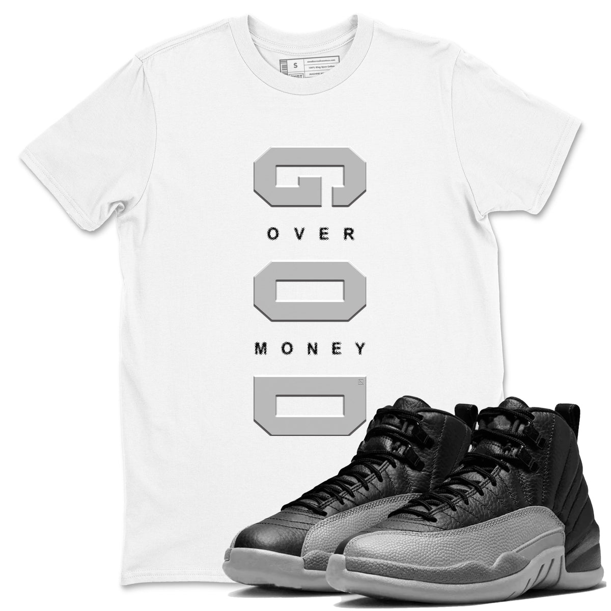 Air Jordan 12 Black And Wolf Grey t shirts to match sneakers God Over Money sneaker match tees 12s Black Wolf Grey tee Drip Gear Zone unisex cotton White 1 shirts