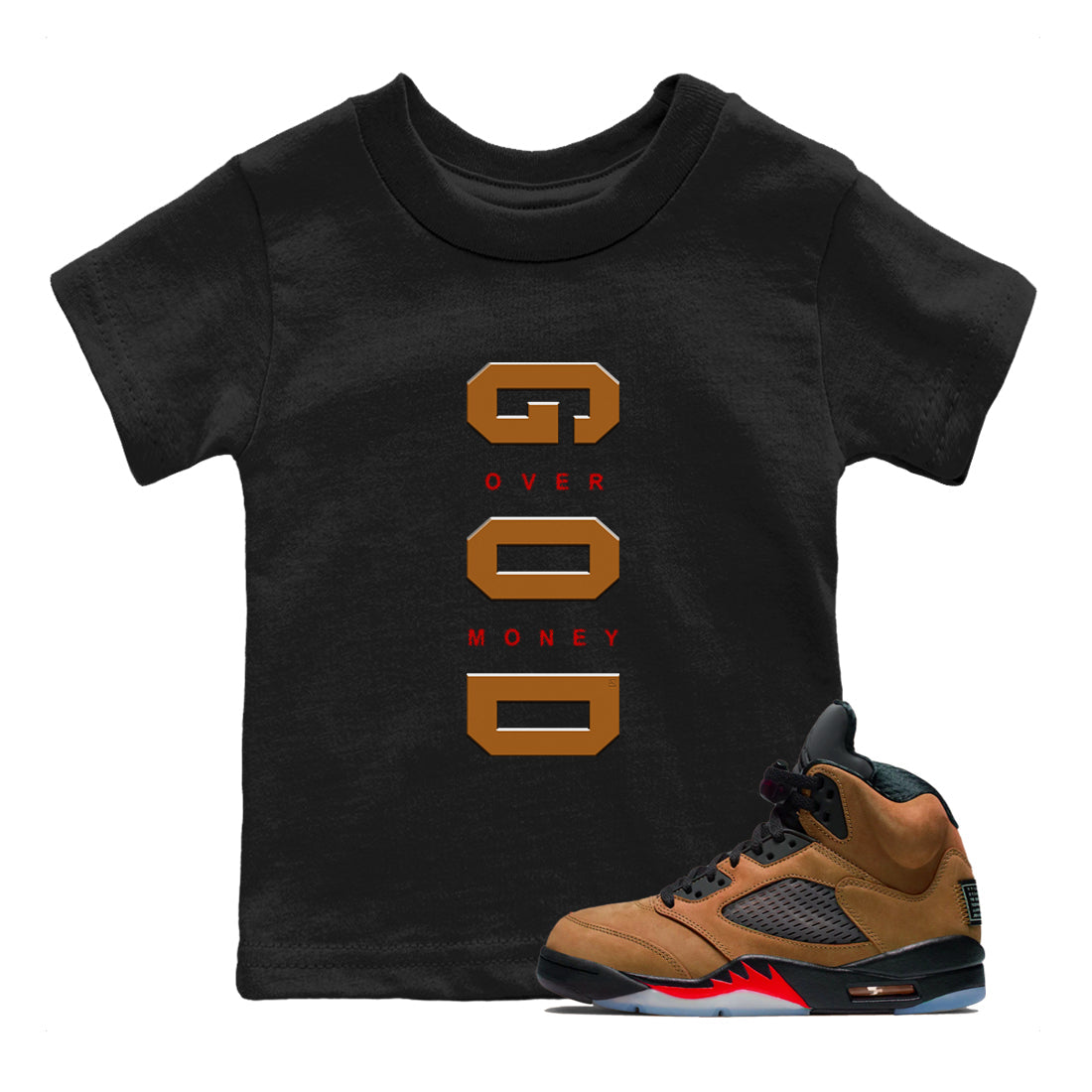 5s Archaeo Brown t shirts to match sneakers God Over Money sneaker match tees Air Jordan 5 Retro Archaeo Brown tee Drip Gear Zone Youth Baby Black 1 tee