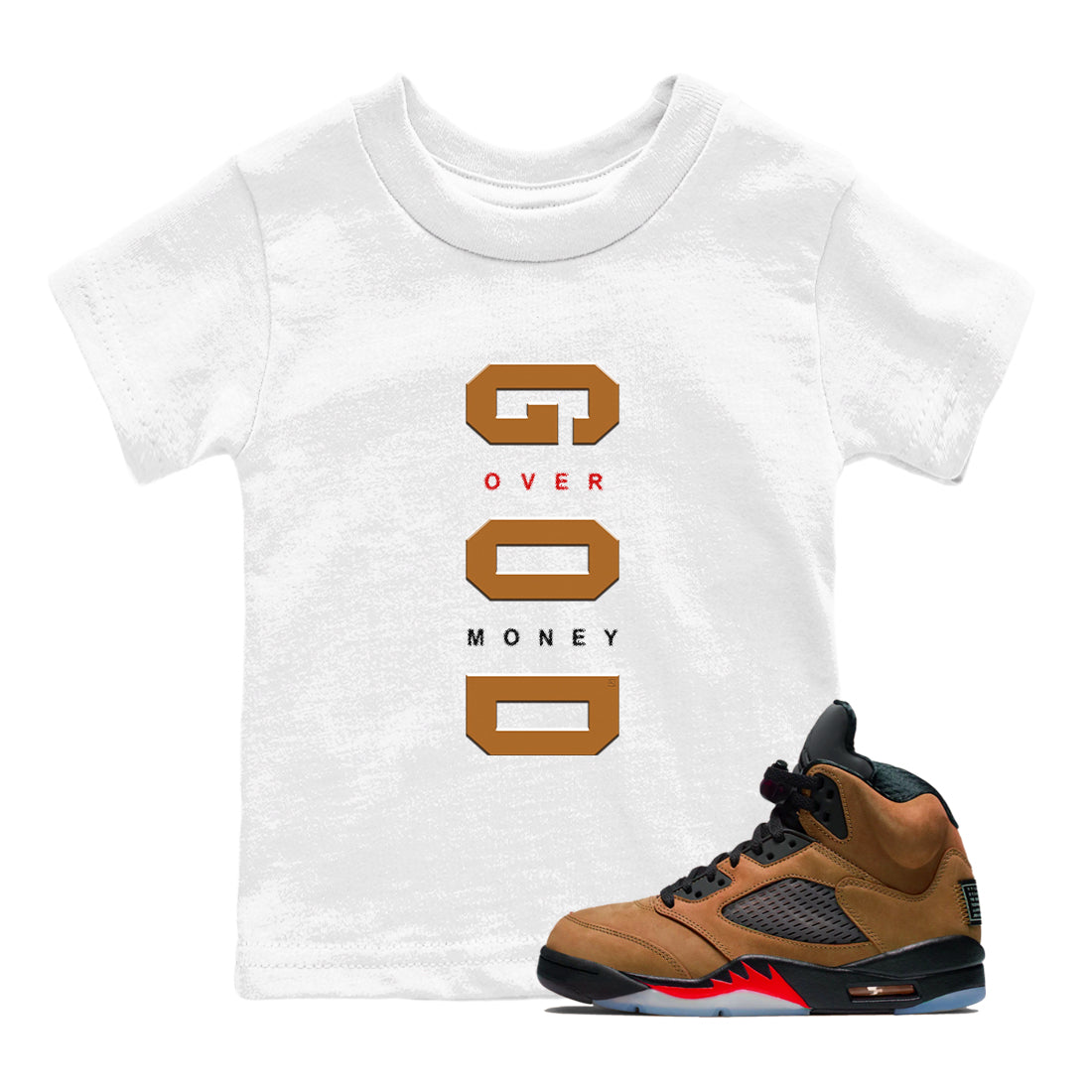5s Archaeo Brown t shirts to match sneakers God Over Money sneaker match tees Air Jordan 5 Retro Archaeo Brown tee Drip Gear Zone Youth Baby White 1 tee