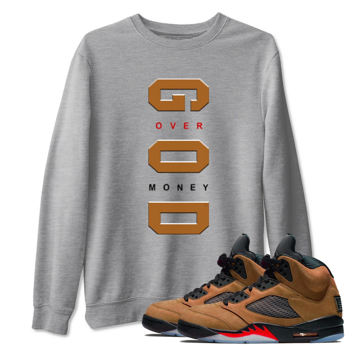 5s Archaeo Brown t shirts to match sneakers God Over Money sneaker match tees Air Jordan 5 Retro Archaeo Brown tee Drip Gear Zone unisex cotton Heather Grey 1 shirts