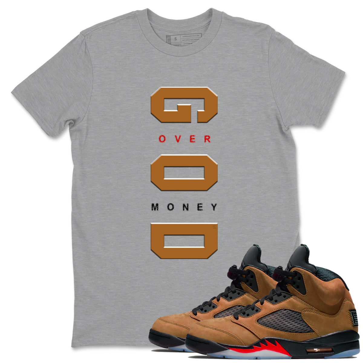 5s Archaeo Brown t shirts to match sneakers God Over Money sneaker match tees Air Jordan 5 Retro Archaeo Brown tee Drip Gear Zone unisex cotton Heather Grey 1 shirts
