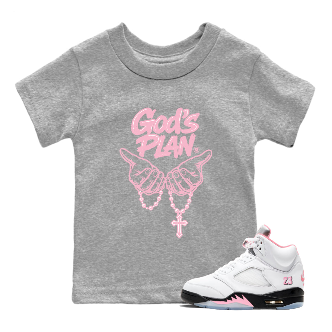 Sneaker Threads Sneaker Tees To Match Air Jordan 5 Medium Soft Pink Shoes God's Plan Kids T-Shirt Heather Grey 1
