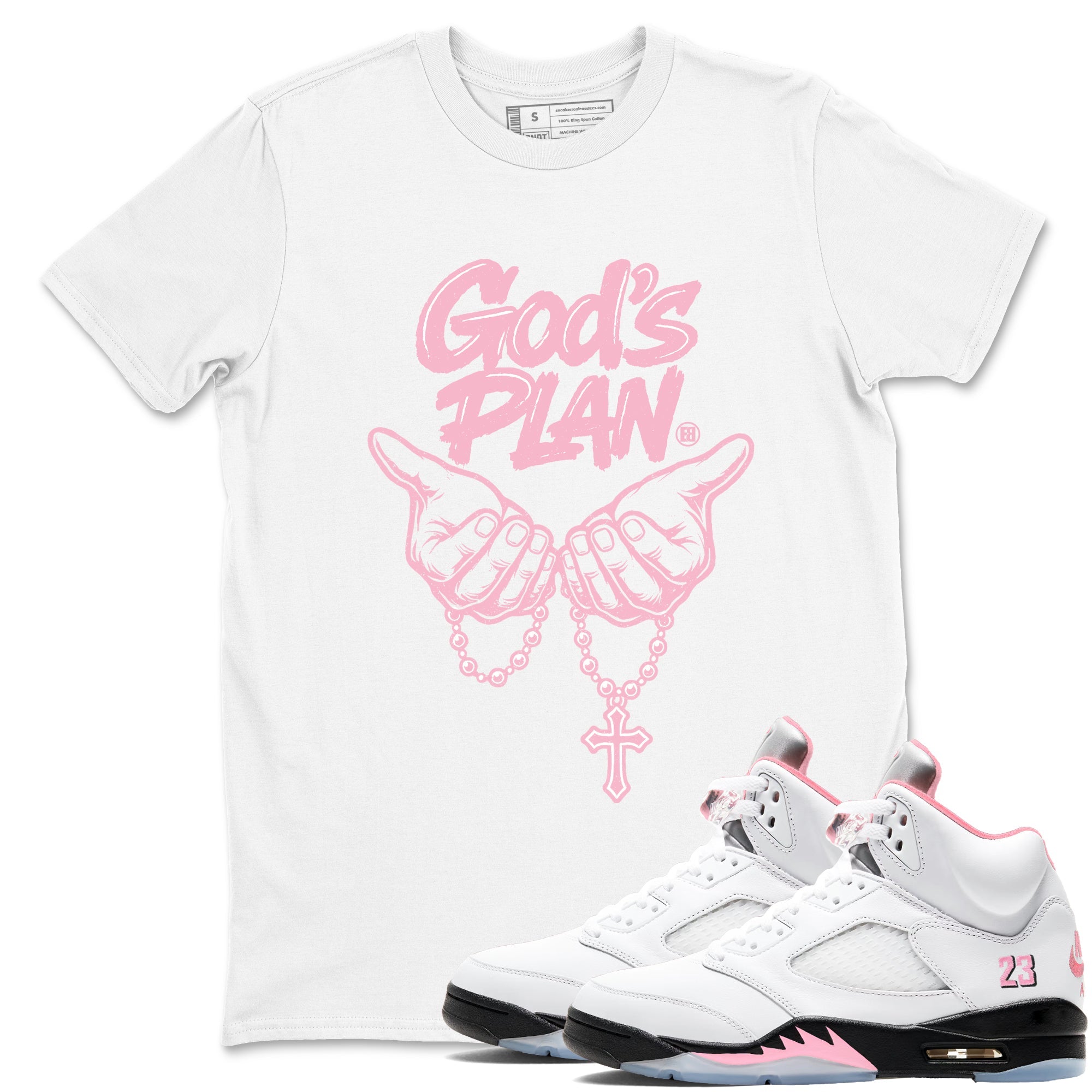Sneaker Threads Sneaker Tees To Match Air Jordan 5 Medium Soft Pink Shoes God's Plan Tee White 1