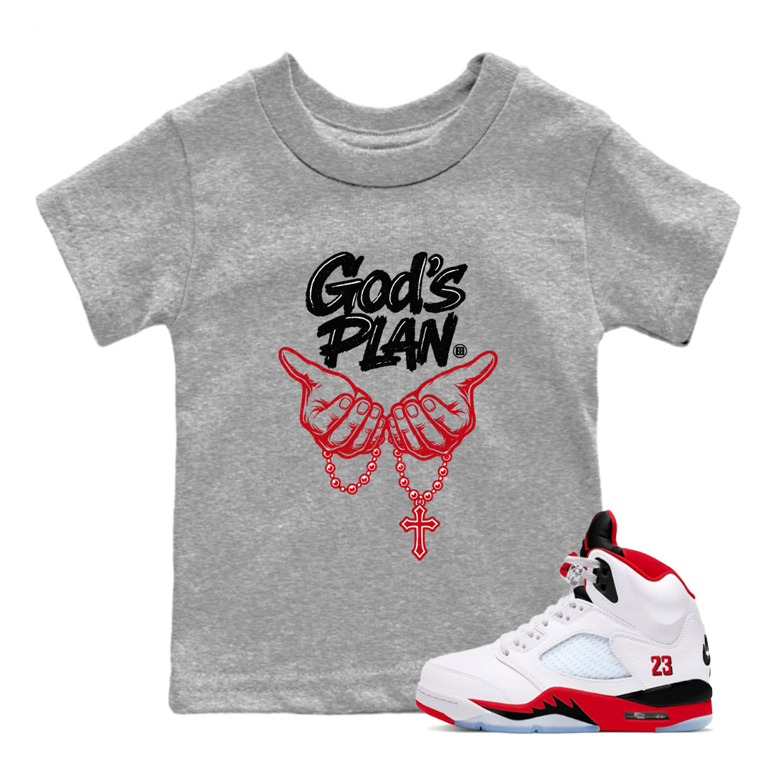 Sneaker match tees  Sneaker Tees To Match Air Jordan 5 Fire Red Shoes  God's Plan Kids T-Shirt Heather Grey 1