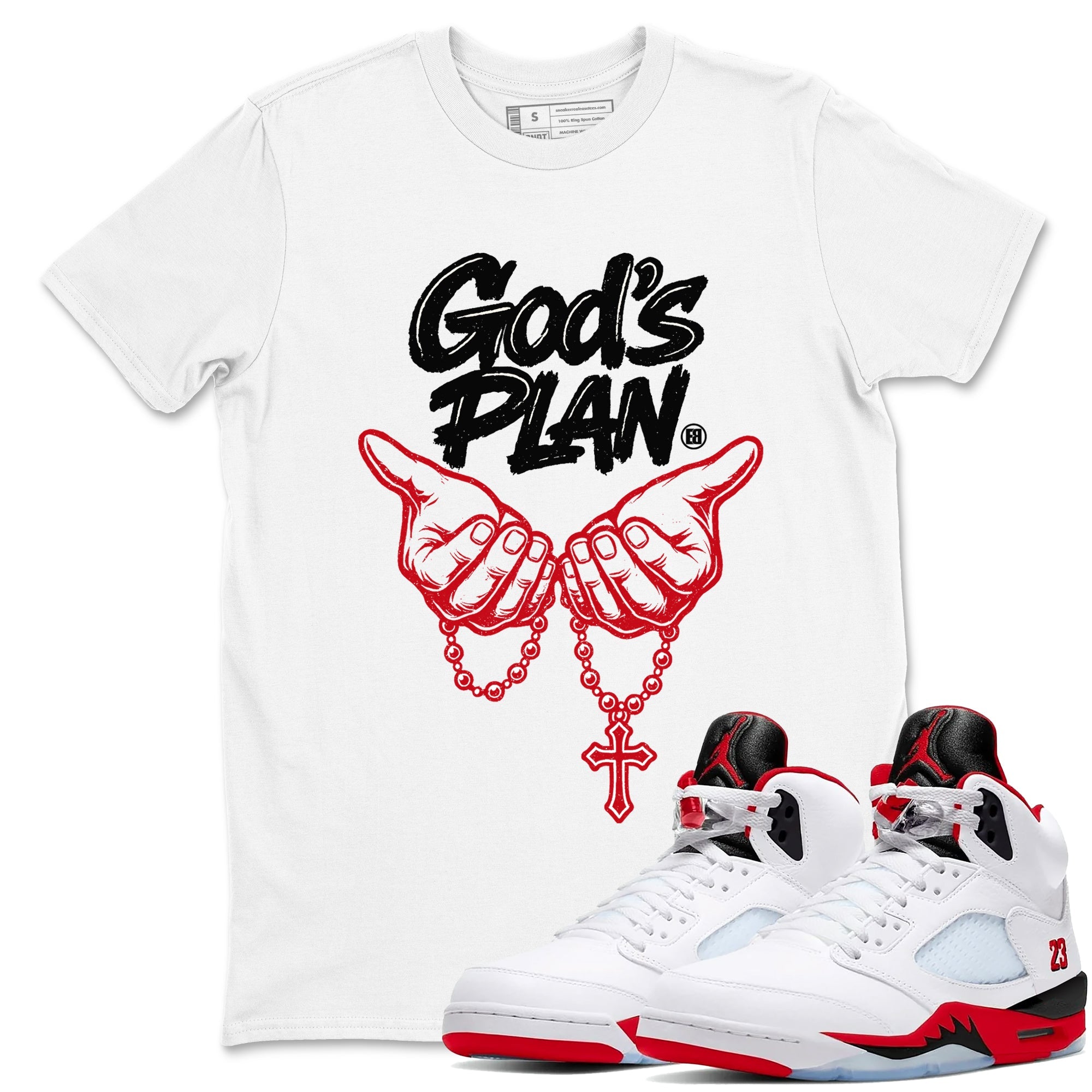 Sneaker match tees  Sneaker Tees To Match Air Jordan 5 Fire Red Shoes  God's Plan Tee White 1