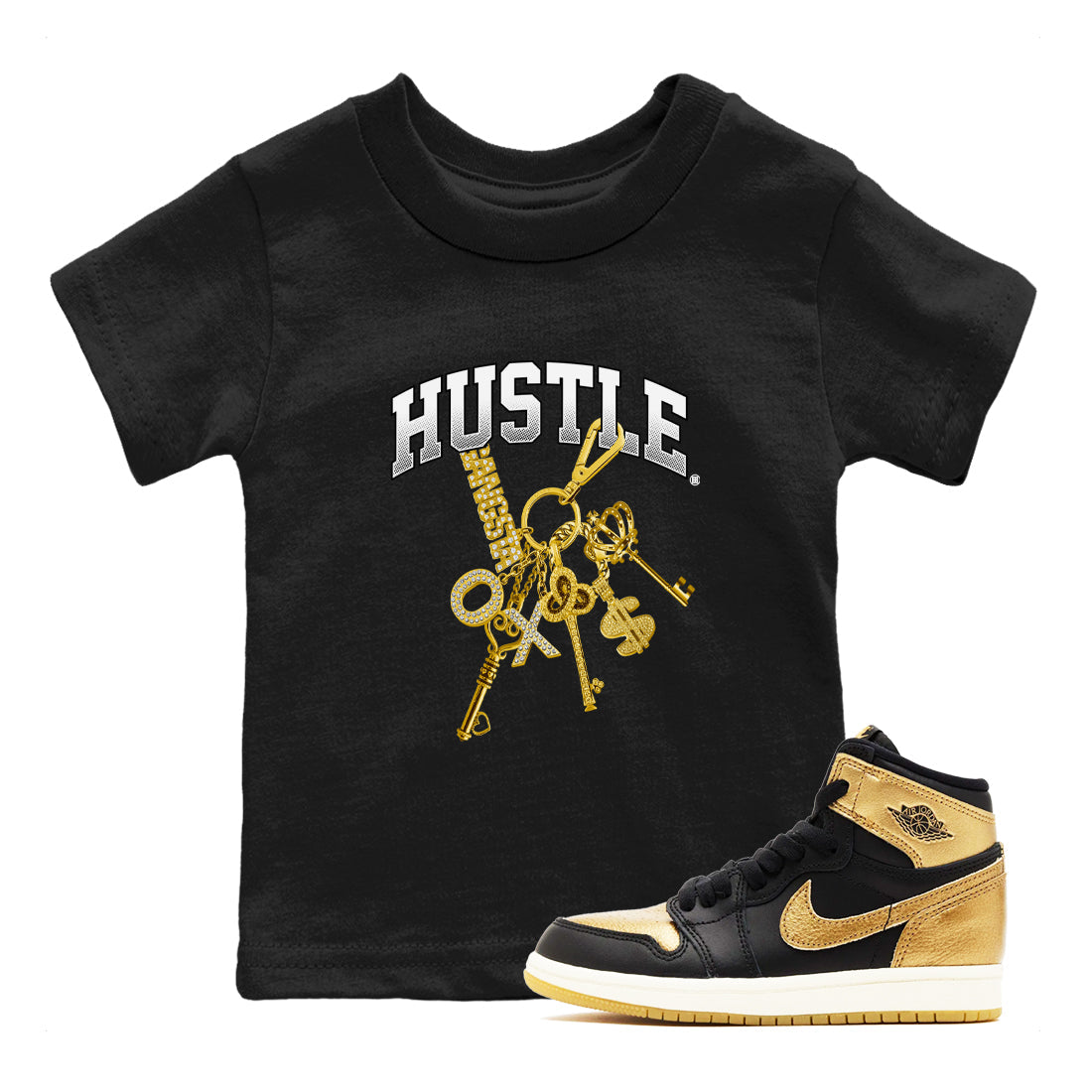 AJ1 Black Metallic Gold shirts to match jordans Gold Hustle sneaker match tees Air Jordan 1 Black Metallic Gold Drip Gear Zone streetwear brand Baby and Youth Black 1 cotton tee