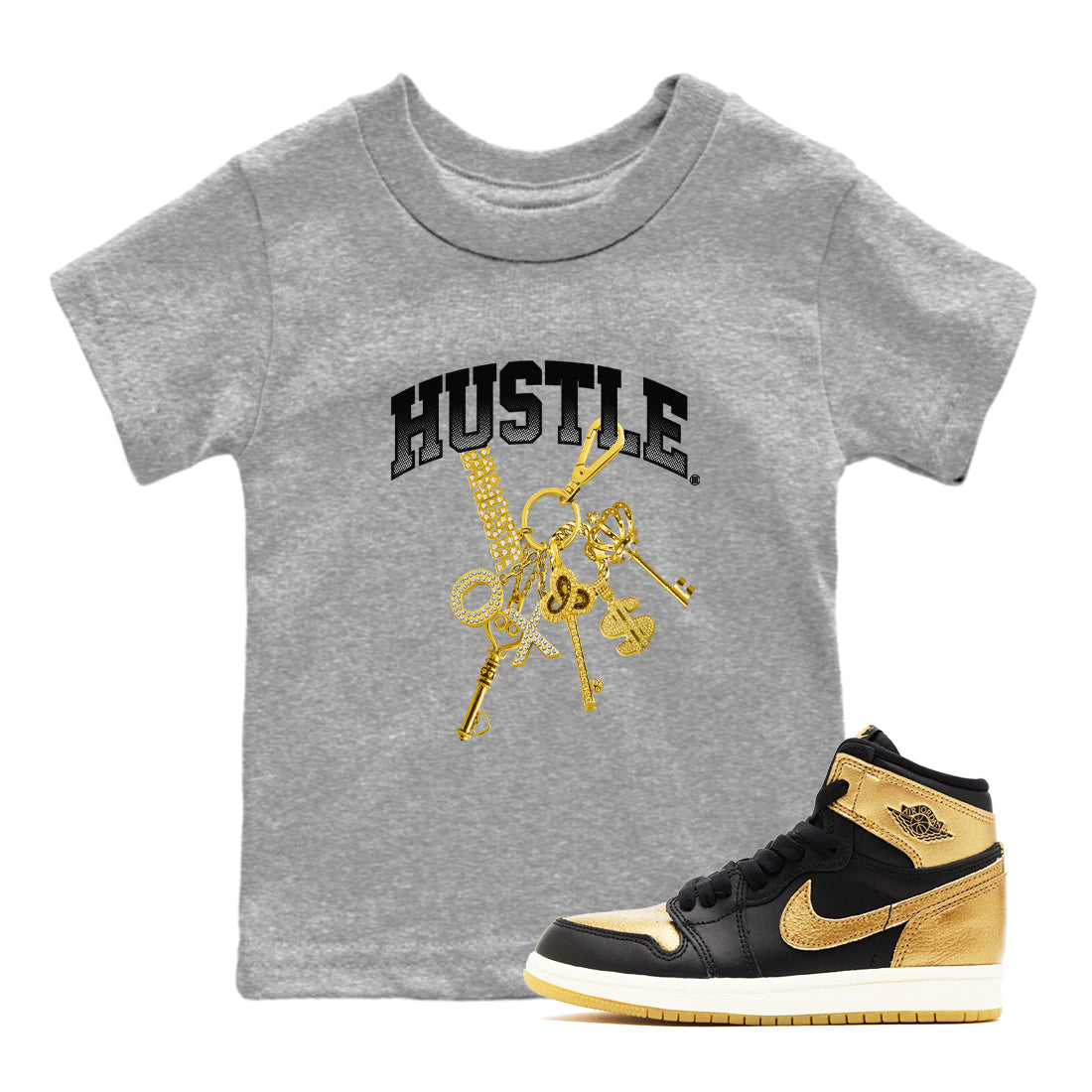 AJ1 Black Metallic Gold shirts to match jordans Gold Hustle sneaker match tees Air Jordan 1 Black Metallic Gold Drip Gear Zone streetwear brand Baby and Youth Heather Grey 1 cotton tee