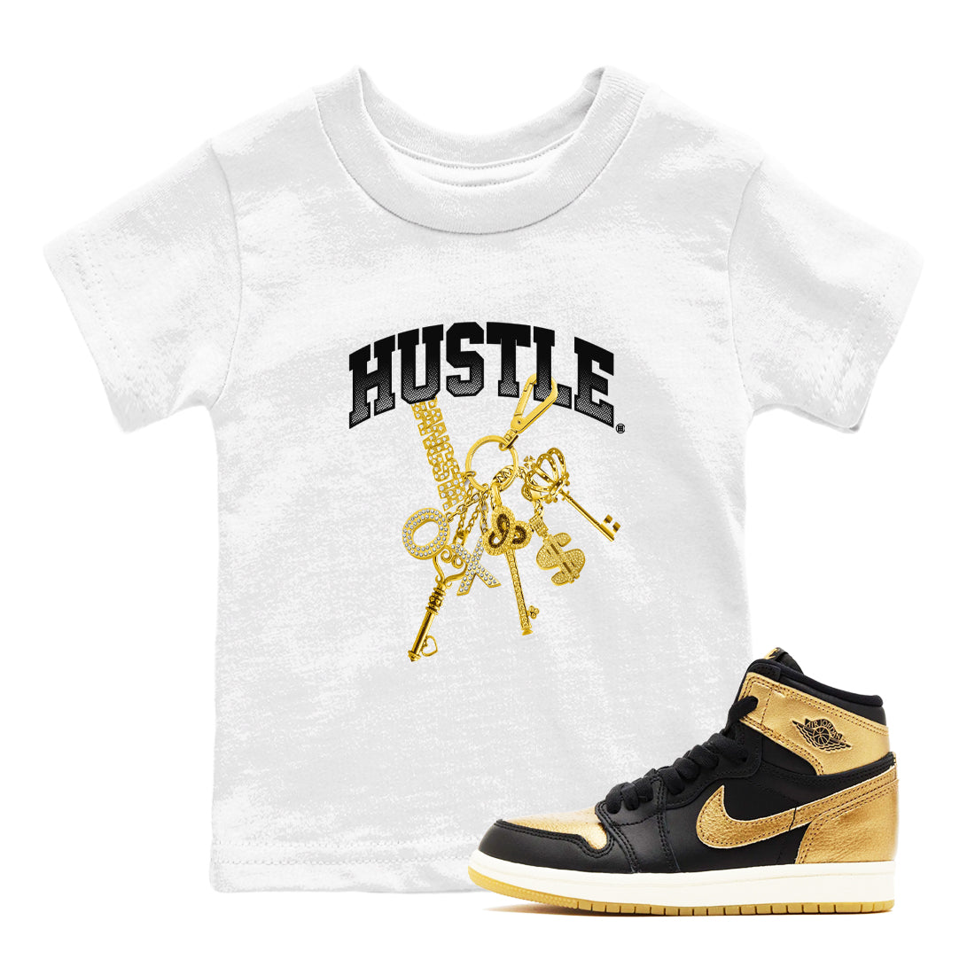 AJ1 Black Metallic Gold shirts to match jordans Gold Hustle sneaker match tees Air Jordan 1 Black Metallic Gold Drip Gear Zone streetwear brand Baby and Youth White 1 cotton tee