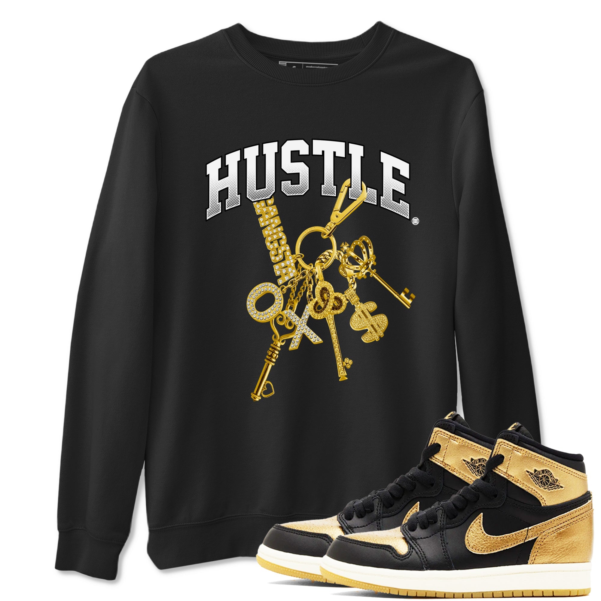 AJ1 Black Metallic Gold shirts to match jordans Gold Hustle sneaker match tees Air Jordan 1 Black Metallic Gold Drip Gear Zone streetwear brand Black 1 unisex cotton tee
