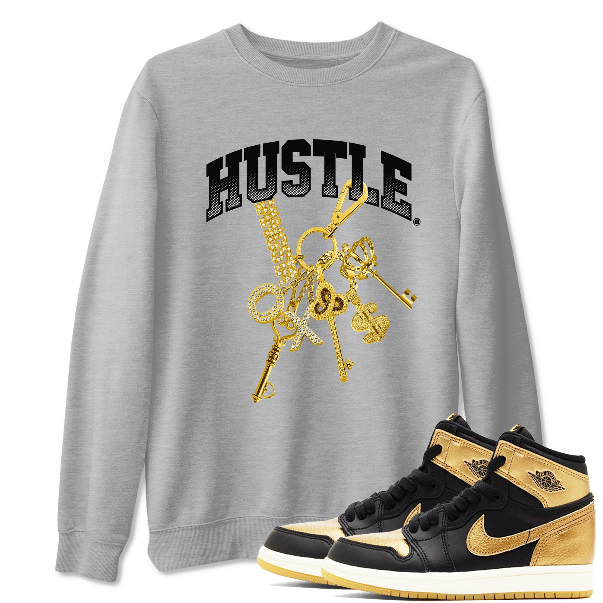 AJ1 Black Metallic Gold shirts to match jordans Gold Hustle sneaker match tees Air Jordan 1 Black Metallic Gold Drip Gear Zone streetwear brand Heather Grey 1 unisex cotton tee