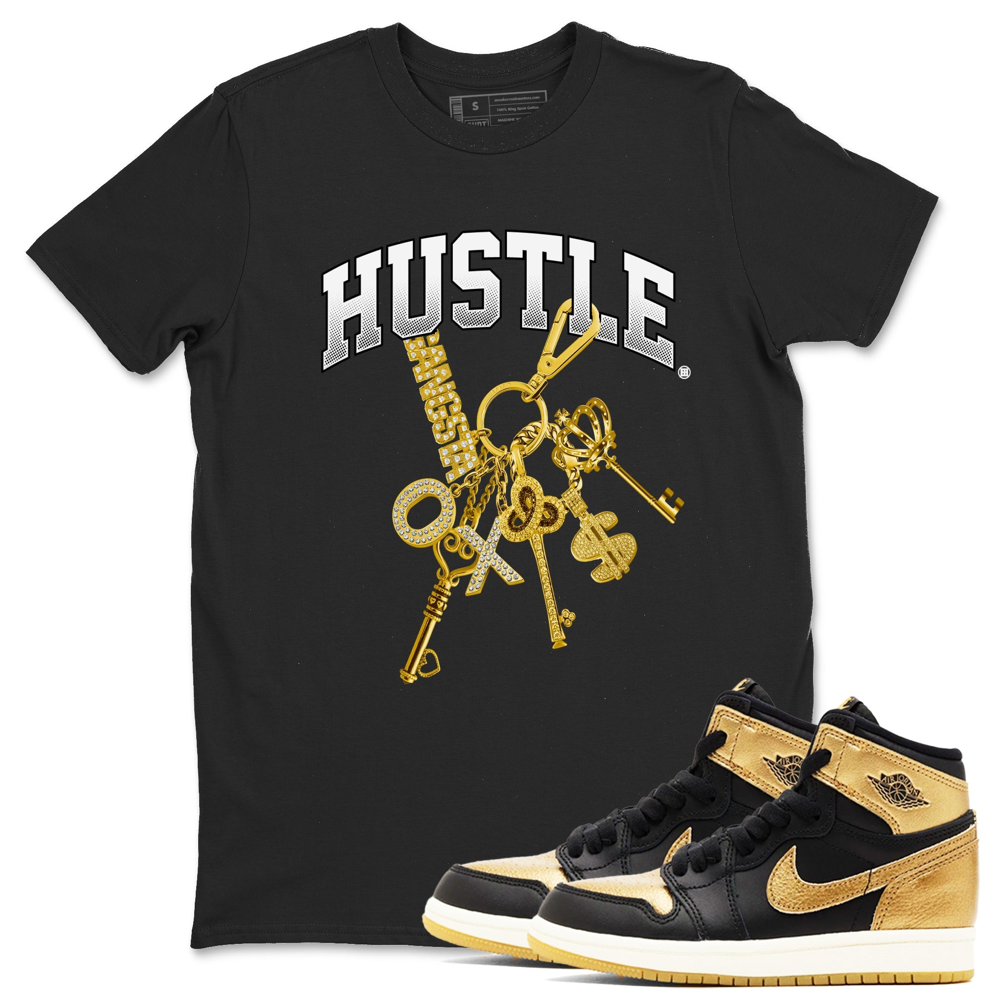 AJ1 Black Metallic Gold shirts to match jordans Gold Hustle sneaker match tees Air Jordan 1 Black Metallic Gold Drip Gear Zone streetwear brand Black 1 unisex cotton tee