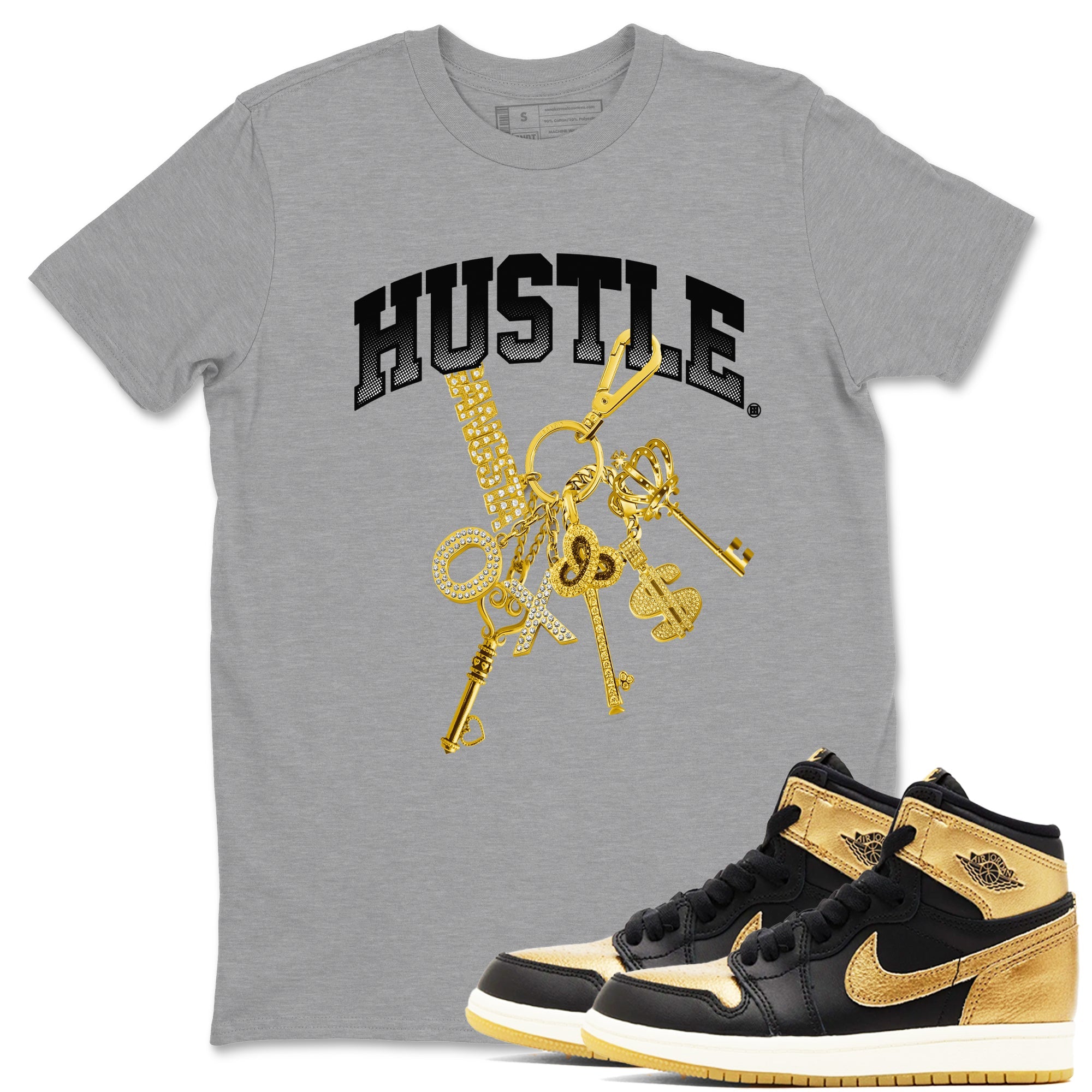 AJ1 Black Metallic Gold shirts to match jordans Gold Hustle sneaker match tees Air Jordan 1 Black Metallic Gold Drip Gear Zone streetwear brand Heather Grey 1 unisex cotton tee