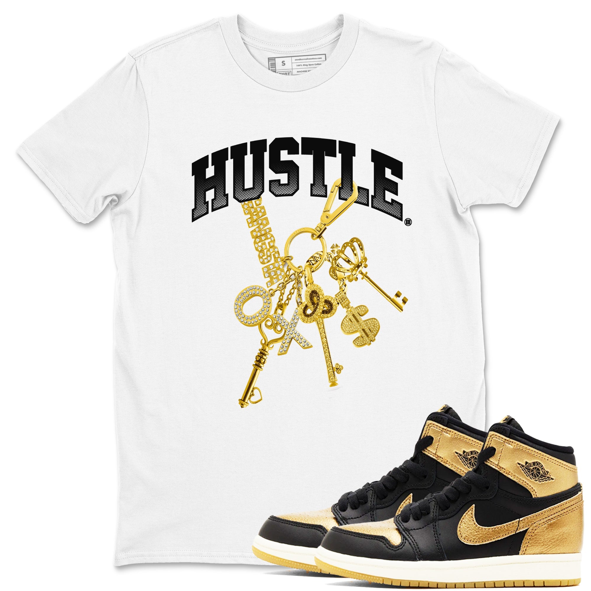 AJ1 Black Metallic Gold shirts to match jordans Gold Hustle sneaker match tees Air Jordan 1 Black Metallic Gold Drip Gear Zone streetwear brand White 1 unisex cotton tee