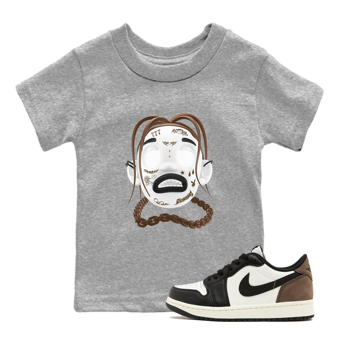 1s Low OG Mocha shirts to match jordans Goosebumps Boy sneaker match tees Air Jordan 1 Mocha match shoes to clothes Drip Gear Zone Youth Baby Heather Grey 1 tee