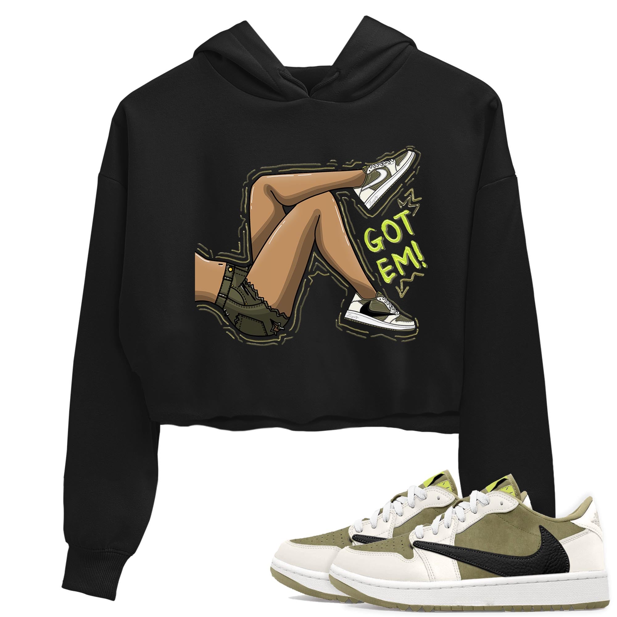 Jordan 1 Low X Travis Scott Golf Olive shirt to match jordans Got Em Legs sneaker release tees Air Jordan 1 Travis Scott Golf Olive Drip Gear Zone Black 1 Crop T-Shirt