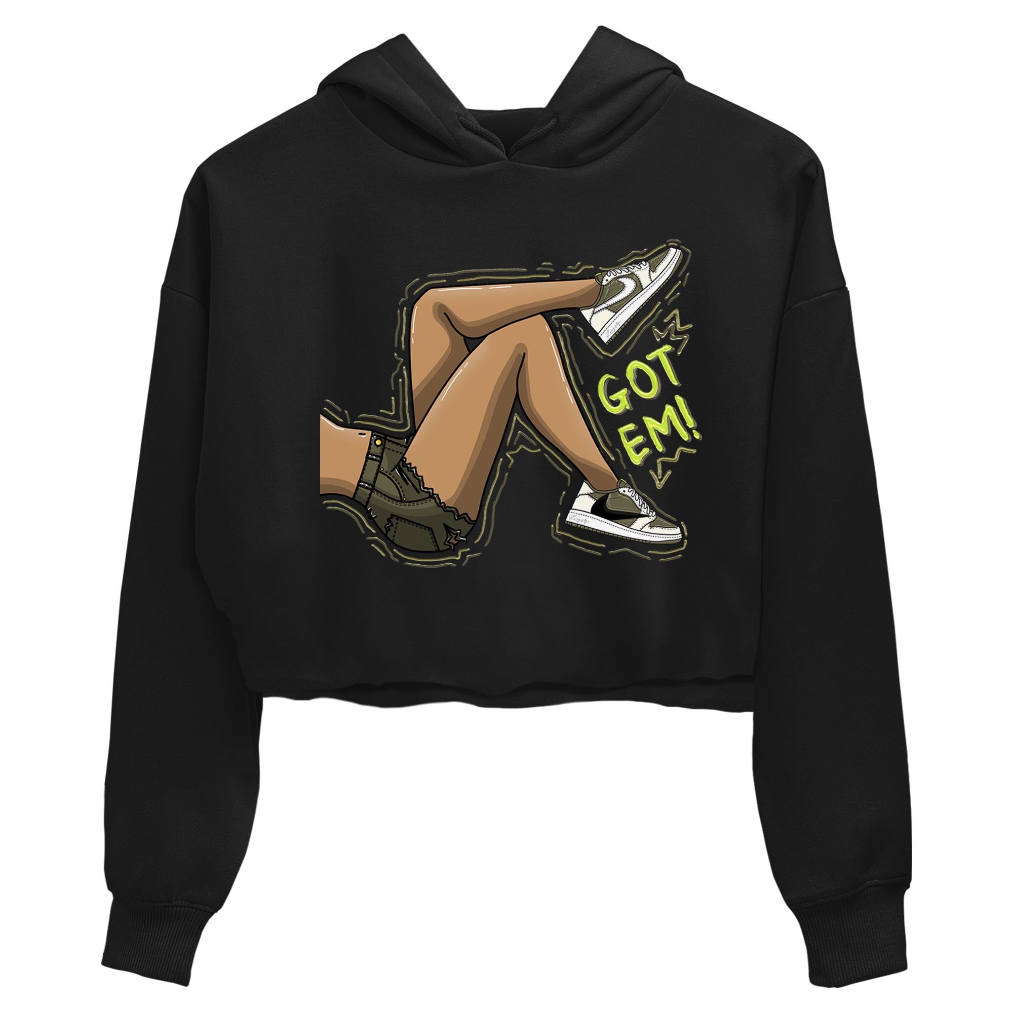 Jordan 1 Low X Travis Scott Golf Olive shirt to match jordans Got Em Legs sneaker release tees Air Jordan 1 Travis Scott Golf Olive Drip Gear Zone Black 2 Crop T-Shirt