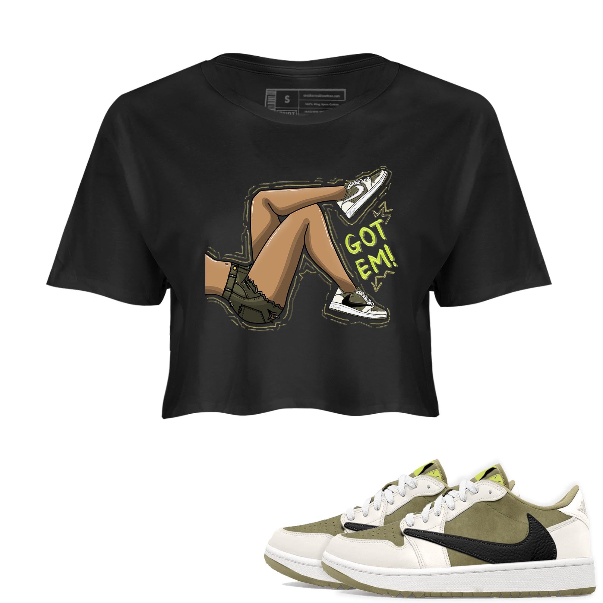 Jordan 1 Low X Travis Scott Golf Olive shirt to match jordans Got Em Legs sneaker release tees Air Jordan 1 Travis Scott Golf Olive Drip Gear Zone Black 1 Crop T-Shirt