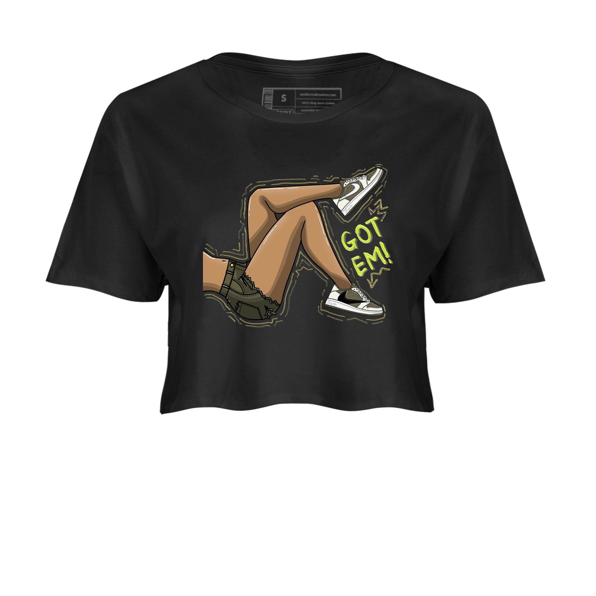 Jordan 1 Low X Travis Scott Golf Olive shirt to match jordans Got Em Legs sneaker release tees Air Jordan 1 Travis Scott Golf Olive Drip Gear Zone Black 2 Crop T-Shirt