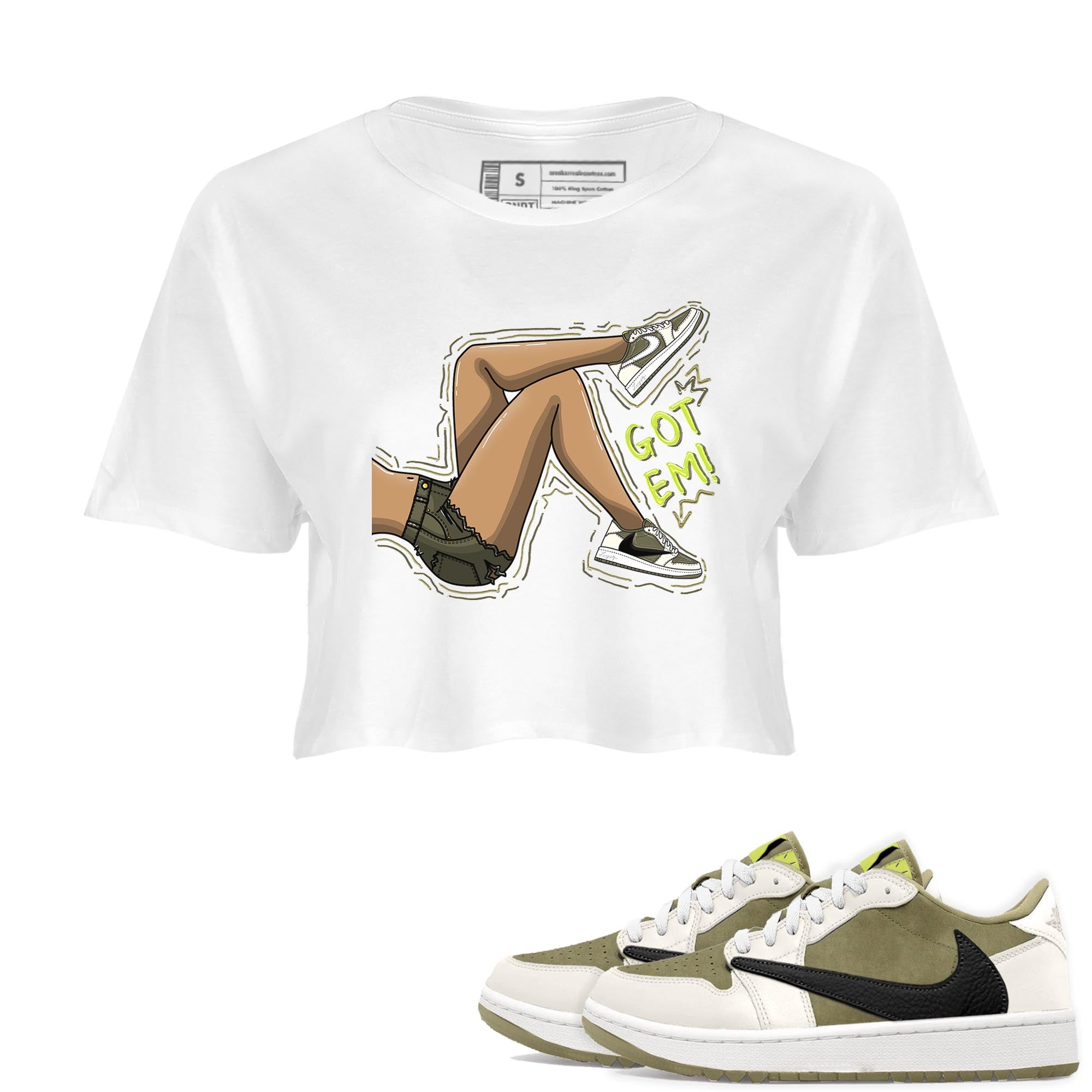 Jordan 1 Low X Travis Scott Golf Olive shirt to match jordans Got Em Legs sneaker release tees Air Jordan 1 Travis Scott Golf Olive Drip Gear Zone White 1 Crop T-Shirt