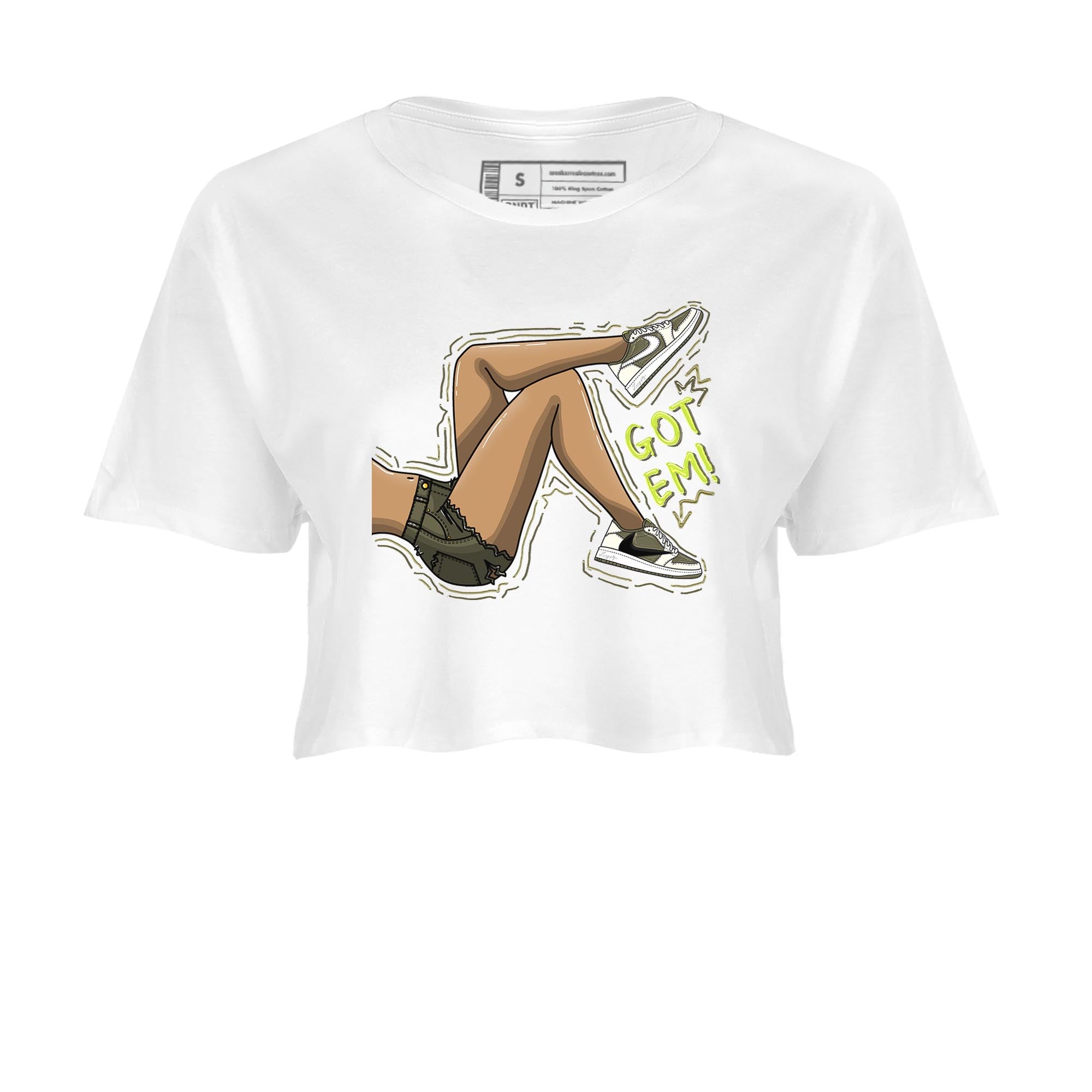 Jordan 1 Low X Travis Scott Golf Olive shirt to match jordans Got Em Legs sneaker release tees Air Jordan 1 Travis Scott Golf Olive Drip Gear Zone White 2 Crop T-Shirt