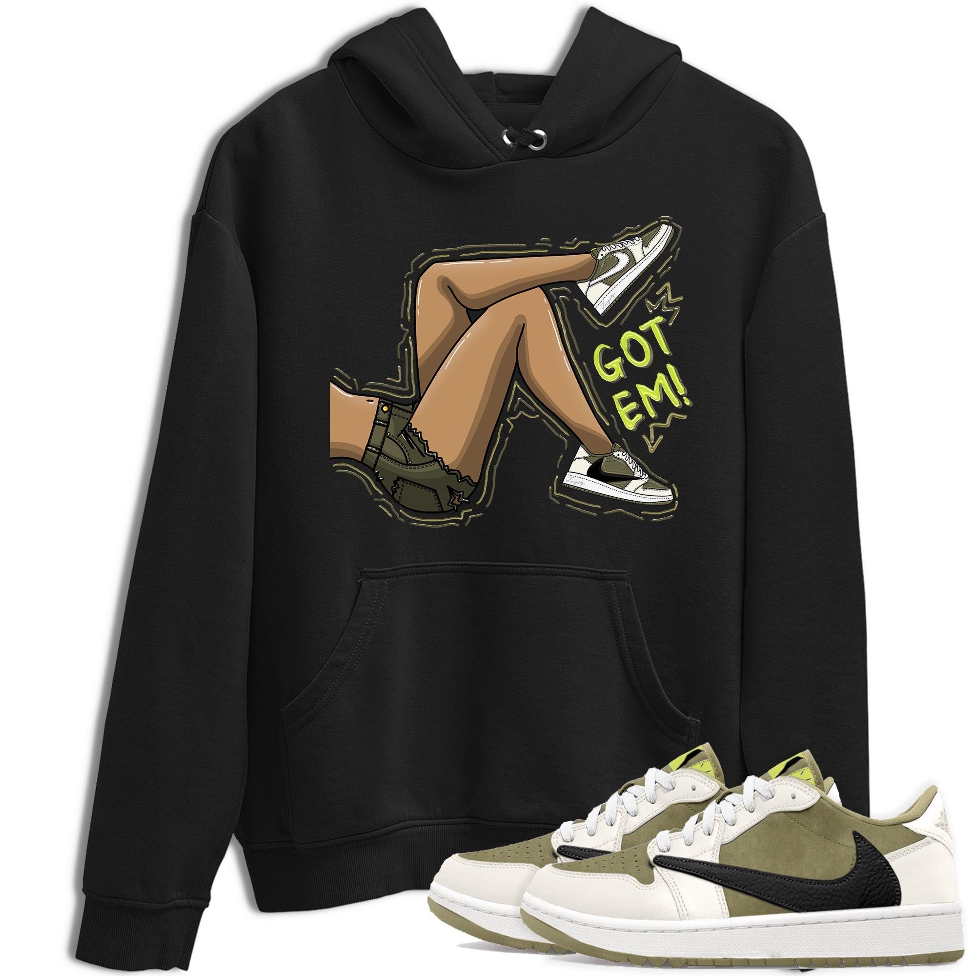 Jordan 1 Low X Travis Scott Golf Olive shirt to match jordans Got Em Legs sneaker release tees Air Jordan 1 Travis Scott Golf Olive Drip Gear Zone Unisex Streetwear Clothing Black 1 T-Shirt