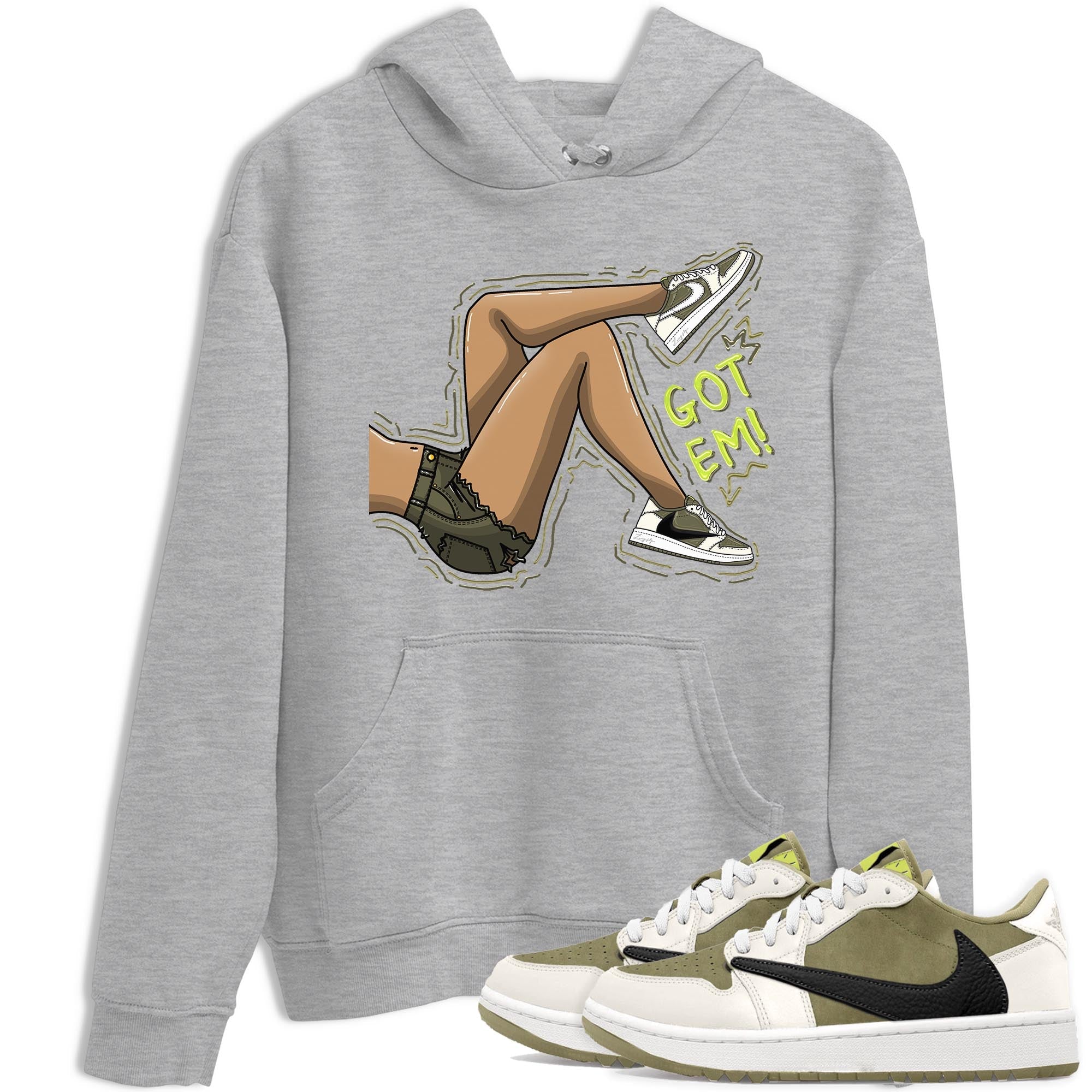 Jordan 1 Low X Travis Scott Golf Olive shirt to match jordans Got Em Legs sneaker release tees Air Jordan 1 Travis Scott Golf Olive Drip Gear Zone Unisex Streetwear Clothing Heather Grey 1 T-Shirt