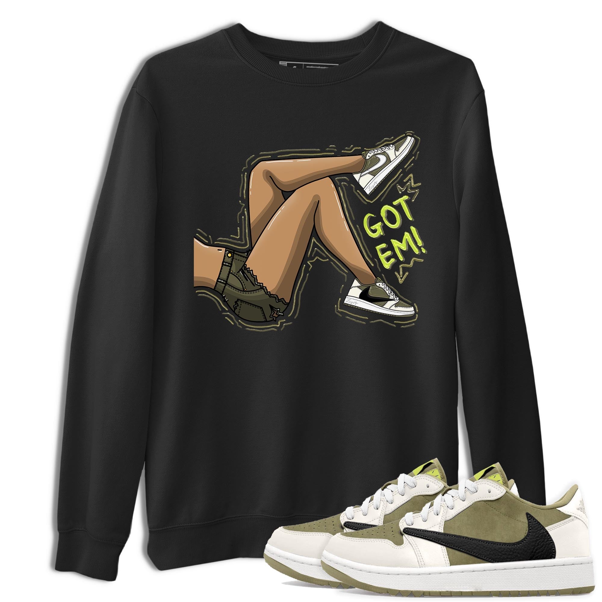 Jordan 1 Low X Travis Scott Golf Olive shirt to match jordans Got Em Legs sneaker release tees Air Jordan 1 Travis Scott Golf Olive Drip Gear Zone Unisex Streetwear Clothing Black 1 T-Shirt