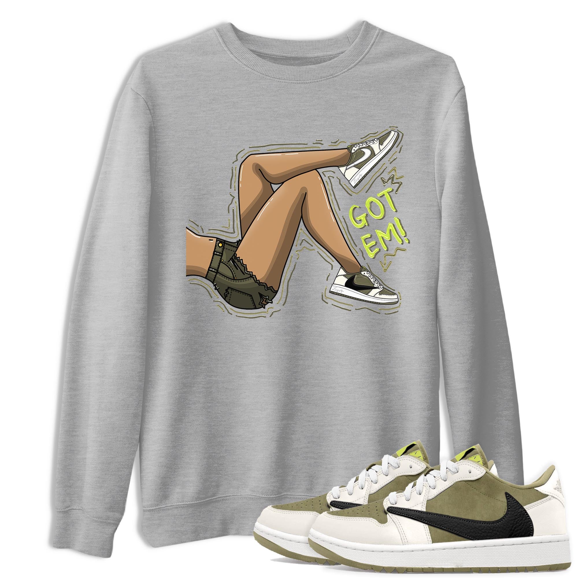 Jordan 1 Low X Travis Scott Golf Olive shirt to match jordans Got Em Legs sneaker release tees Air Jordan 1 Travis Scott Golf Olive Drip Gear Zone Unisex Streetwear Clothing Heather Grey 1 T-Shirt