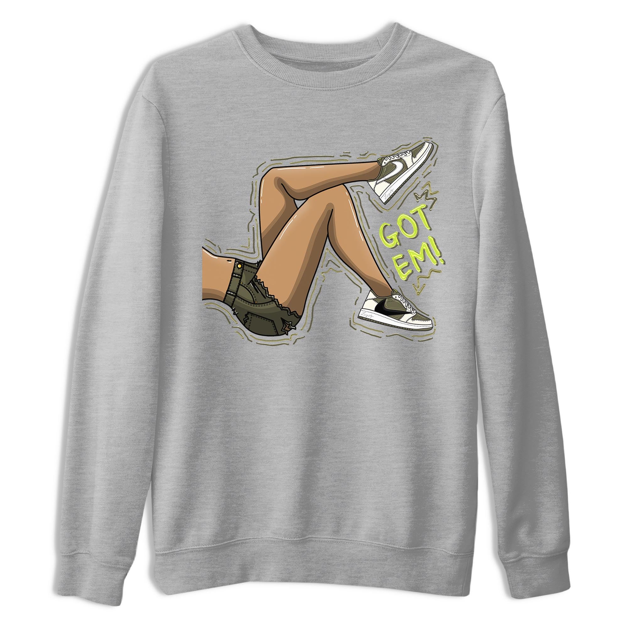 Jordan 1 Low X Travis Scott Golf Olive shirt to match jordans Got Em Legs sneaker release tees Air Jordan 1 Travis Scott Golf Olive Drip Gear Zone Unisex Streetwear Clothing Heather Grey 2 T-Shirt