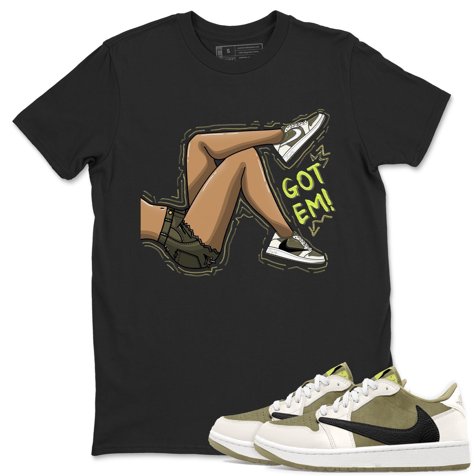 Jordan 1 Low X Travis Scott Golf Olive shirt to match jordans Got Em Legs sneaker release tees Air Jordan 1 Travis Scott Golf Olive Drip Gear Zone Unisex Streetwear Clothing Black 1 T-Shirt