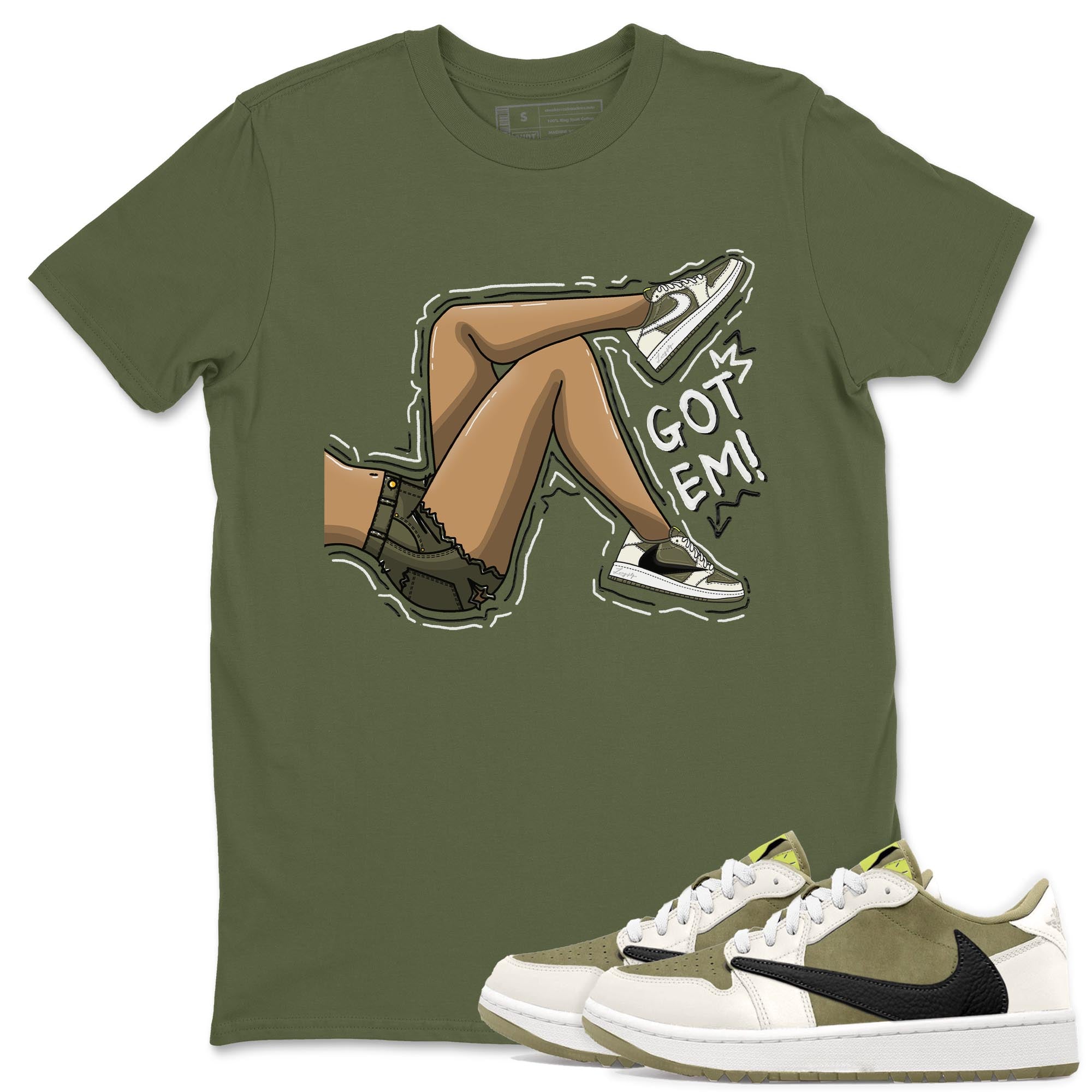 Jordan 1 Low X Travis Scott Golf Olive shirt to match jordans Got Em Legs sneaker release tees Air Jordan 1 Travis Scott Golf Olive Drip Gear Zone Unisex Streetwear Clothing Military Green 1 T-Shirt