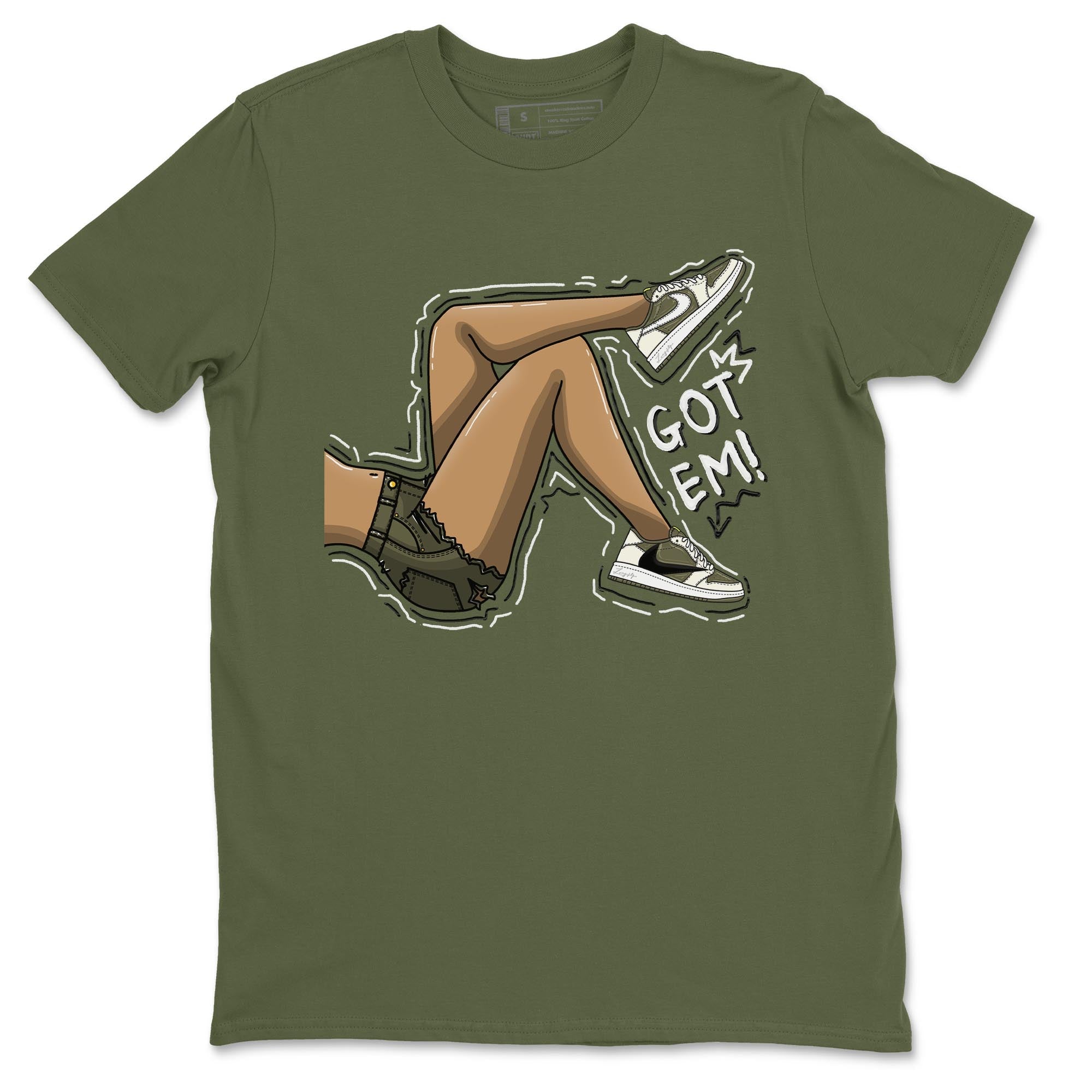 Jordan 1 Low X Travis Scott Golf Olive shirt to match jordans Got Em Legs sneaker release tees Air Jordan 1 Travis Scott Golf Olive Drip Gear Zone Unisex Streetwear Clothing Military Green 2 T-Shirt
