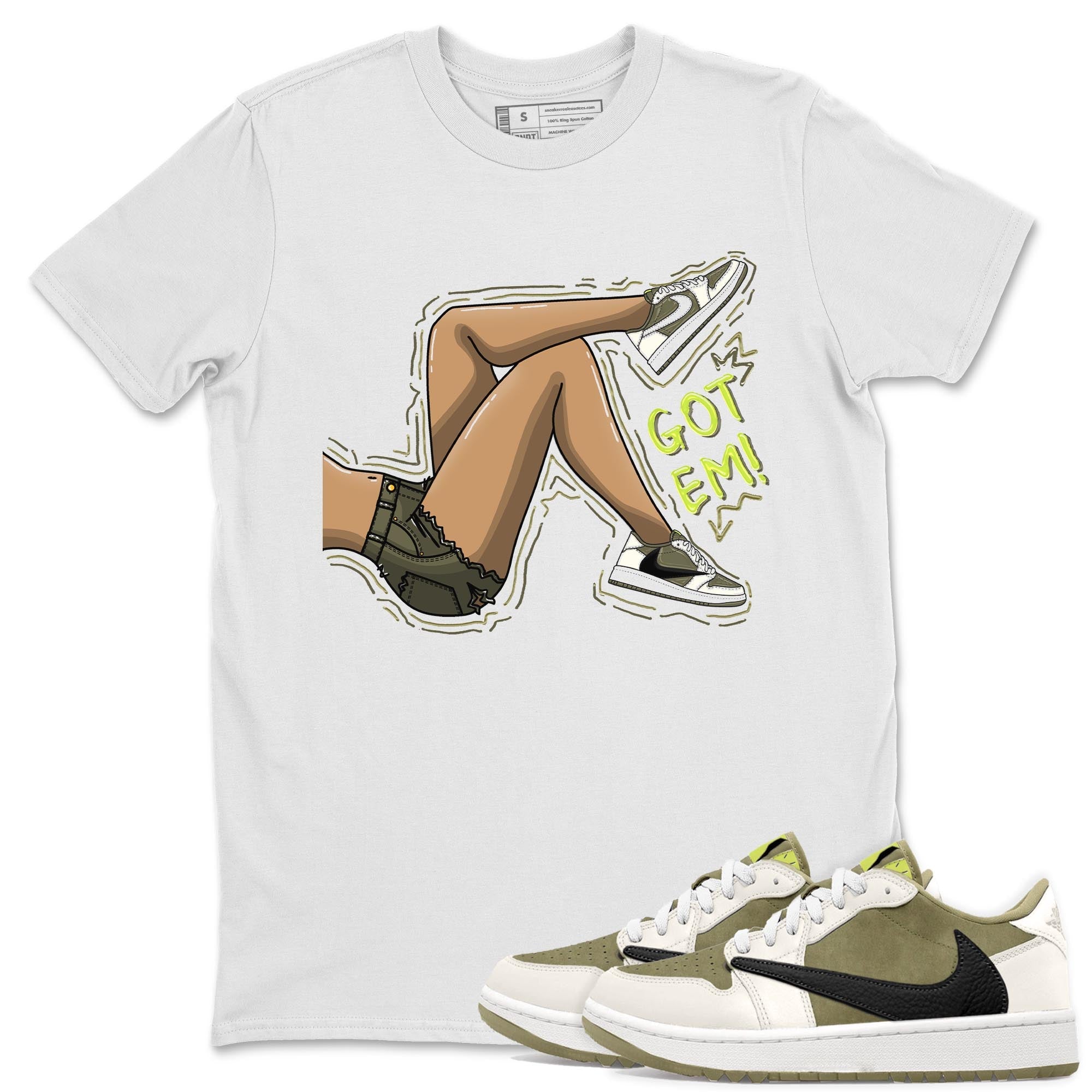 Jordan 1 Low X Travis Scott Golf Olive shirt to match jordans Got Em Legs sneaker release tees Air Jordan 1 Travis Scott Golf Olive Drip Gear Zone Unisex Streetwear Clothing White 1 T-Shirt