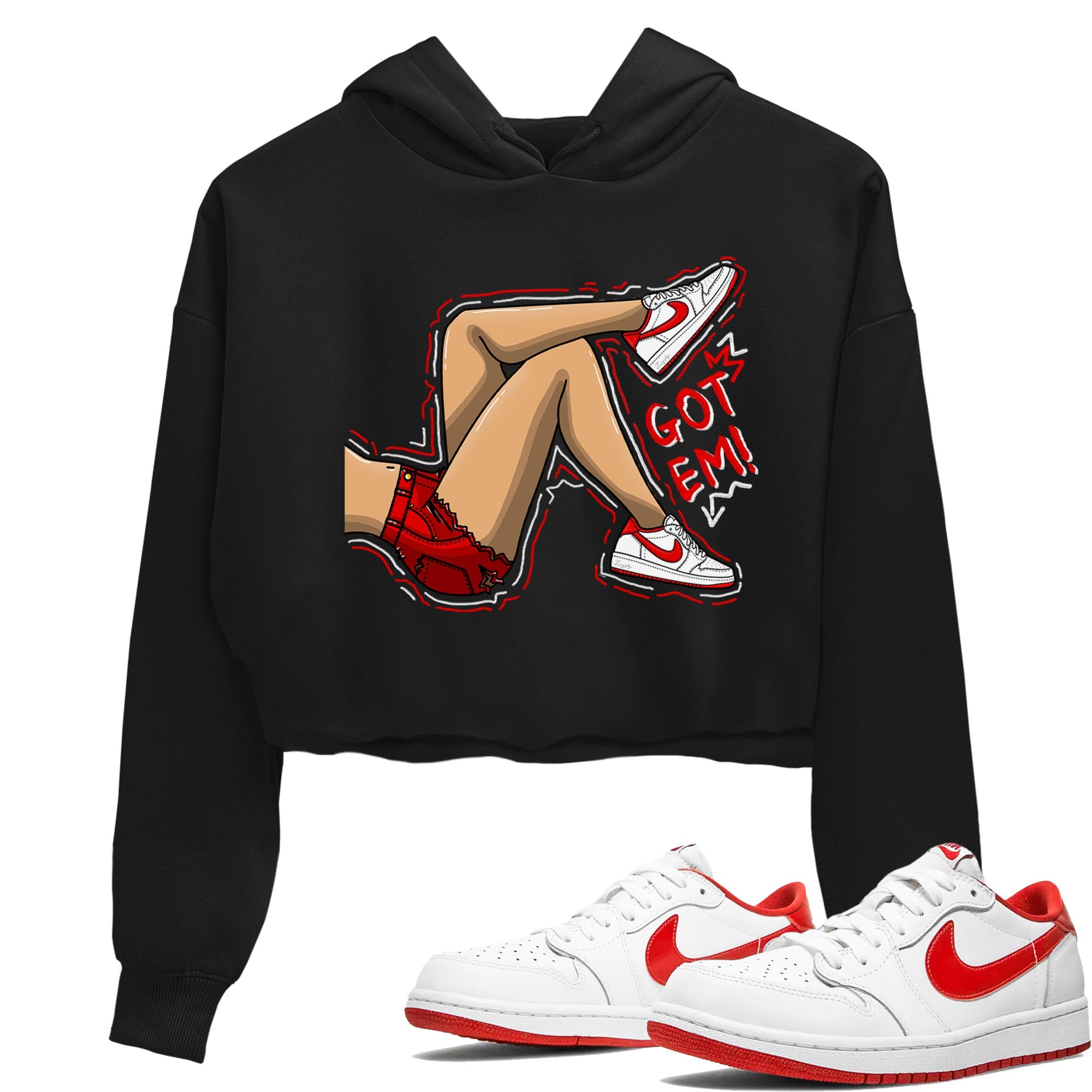 1s Low University Red shirt to match jordans Got Em Legs sneaker tees Air Jordan 1 University Red Drip Gear Zone Sneaker Matching Clothing Brand Black 1 Crop T-Shirt
