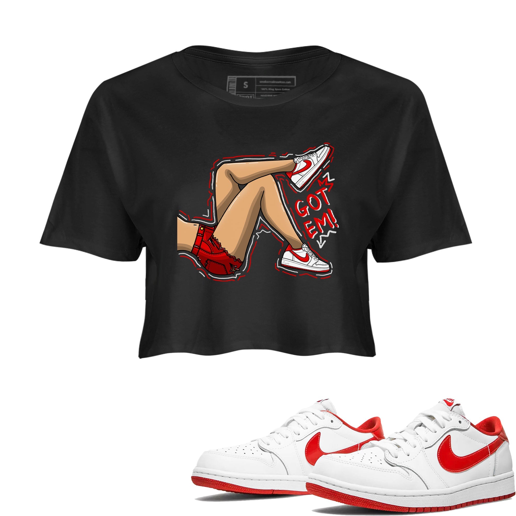 1s Low University Red shirt to match jordans Got Em Legs sneaker tees Air Jordan 1 University Red Drip Gear Zone Sneaker Matching Clothing Brand Black 1 Crop T-Shirt