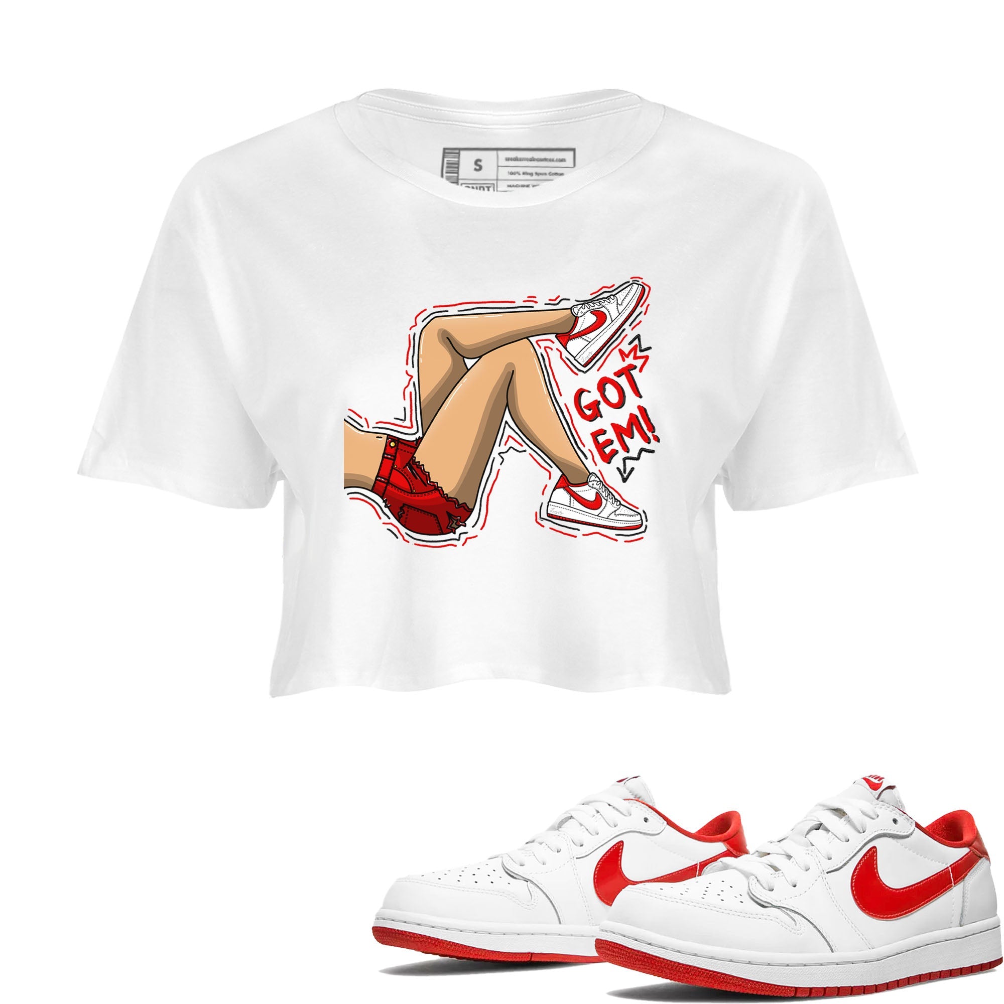 1s Low University Red shirt to match jordans Got Em Legs sneaker tees Air Jordan 1 University Red Drip Gear Zone Sneaker Matching Clothing Brand White 1 Crop T-Shirt