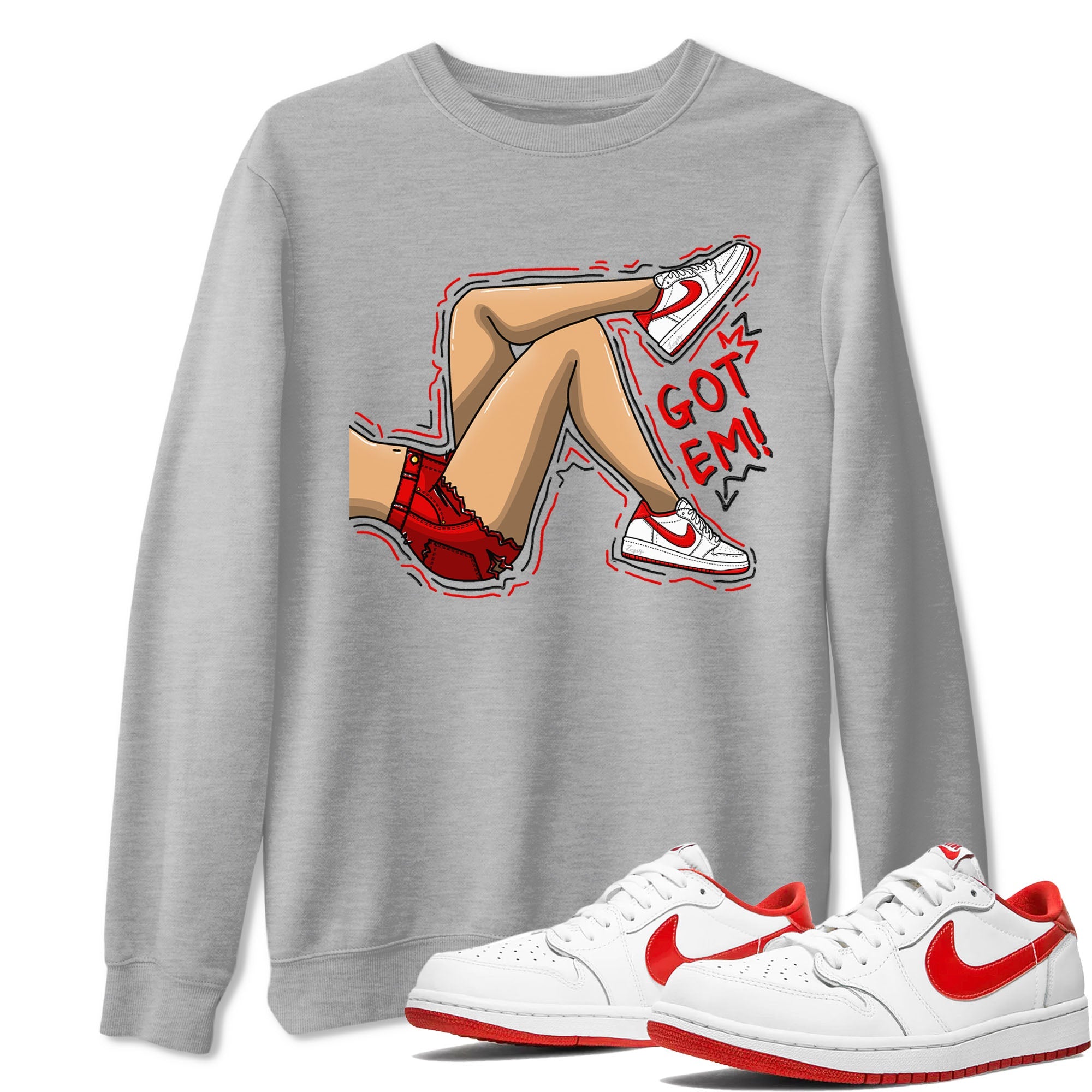 1s Low University Red shirt to match jordans Got Em Legs sneaker tees Air Jordan 1 University Red Drip Gear Zone Sneaker Matching Clothing Brand Unisex Sneaker Tee Heather Grey 1 T-Shirt