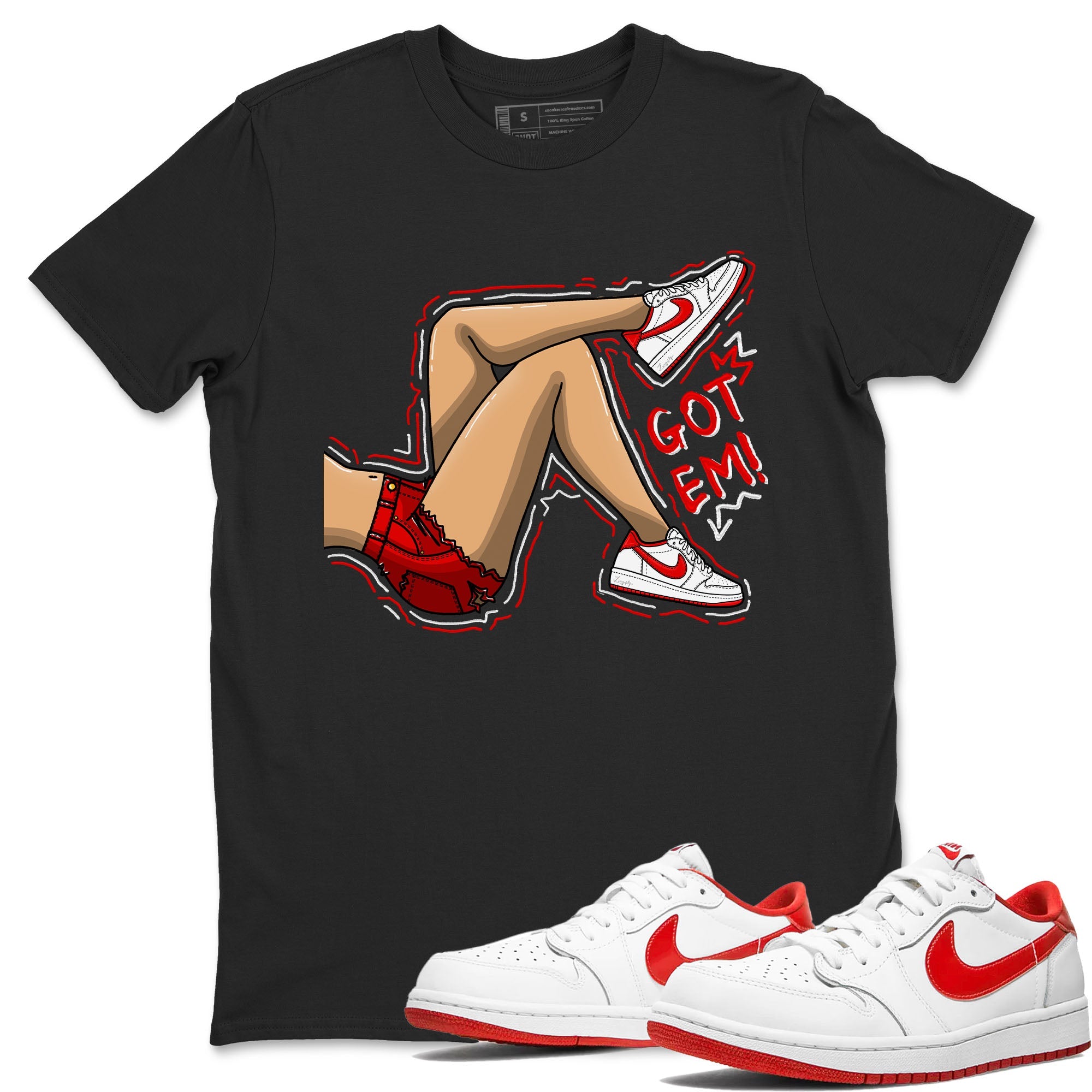 1s Low University Red shirt to match jordans Got Em Legs sneaker tees Air Jordan 1 University Red Drip Gear Zone Sneaker Matching Clothing Brand Unisex Sneaker Tee Black 1 T-Shirt