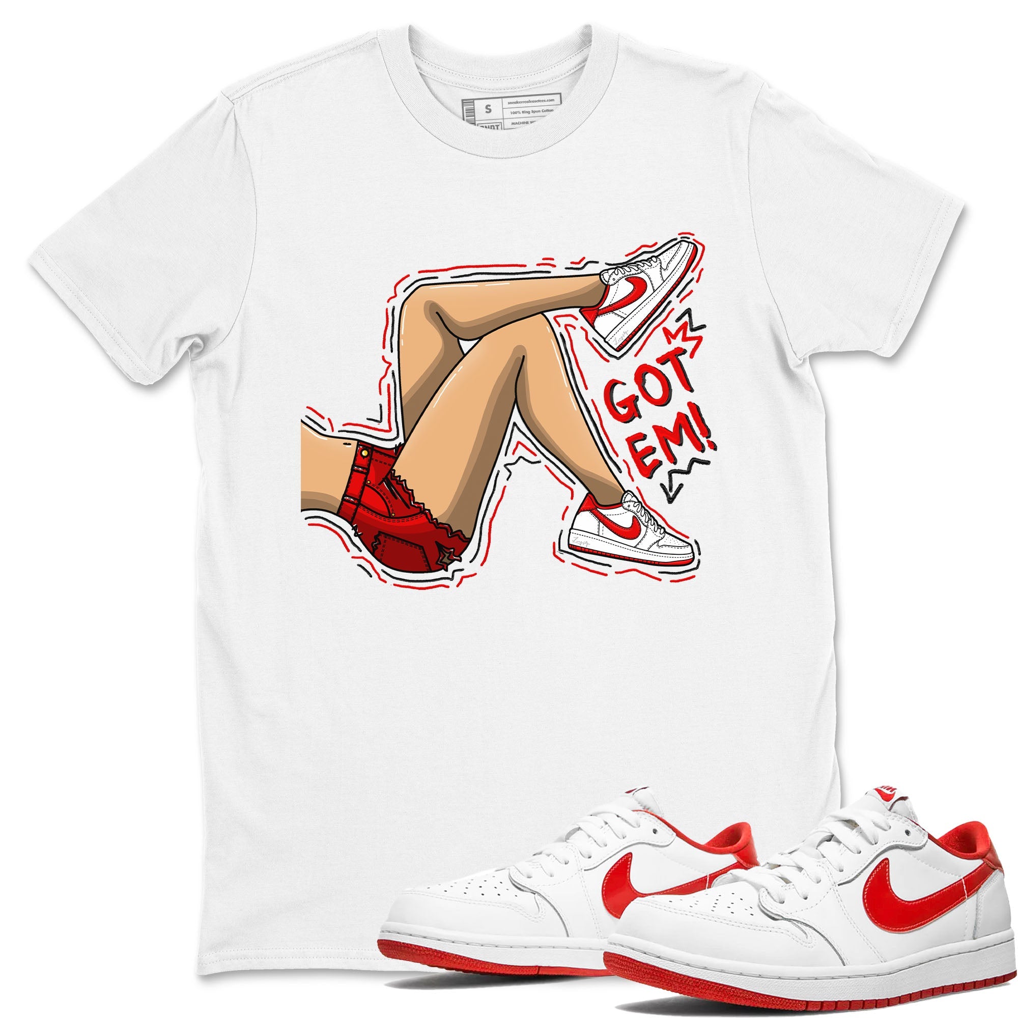 1s Low University Red shirt to match jordans Got Em Legs sneaker tees Air Jordan 1 University Red Drip Gear Zone Sneaker Matching Clothing Brand Unisex Sneaker Tee White 1 T-Shirt