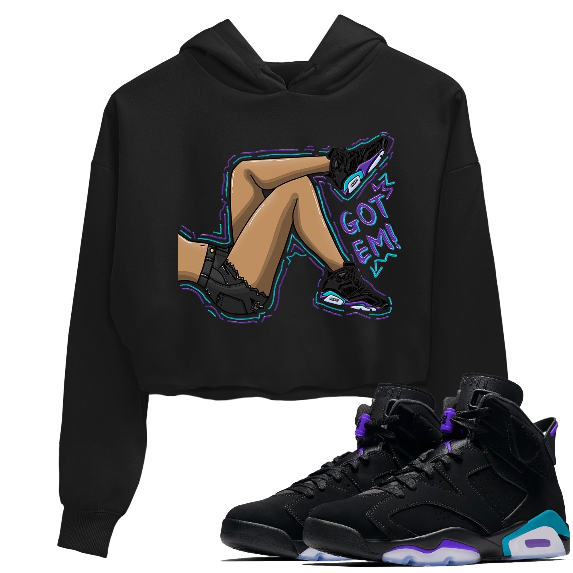 AJ6 Aqua shirt to match jordans Got Em Legs sneaker release tees Air Jordan 6 Aqua Drip Gear Zone Black 1 Crop T-Shirt