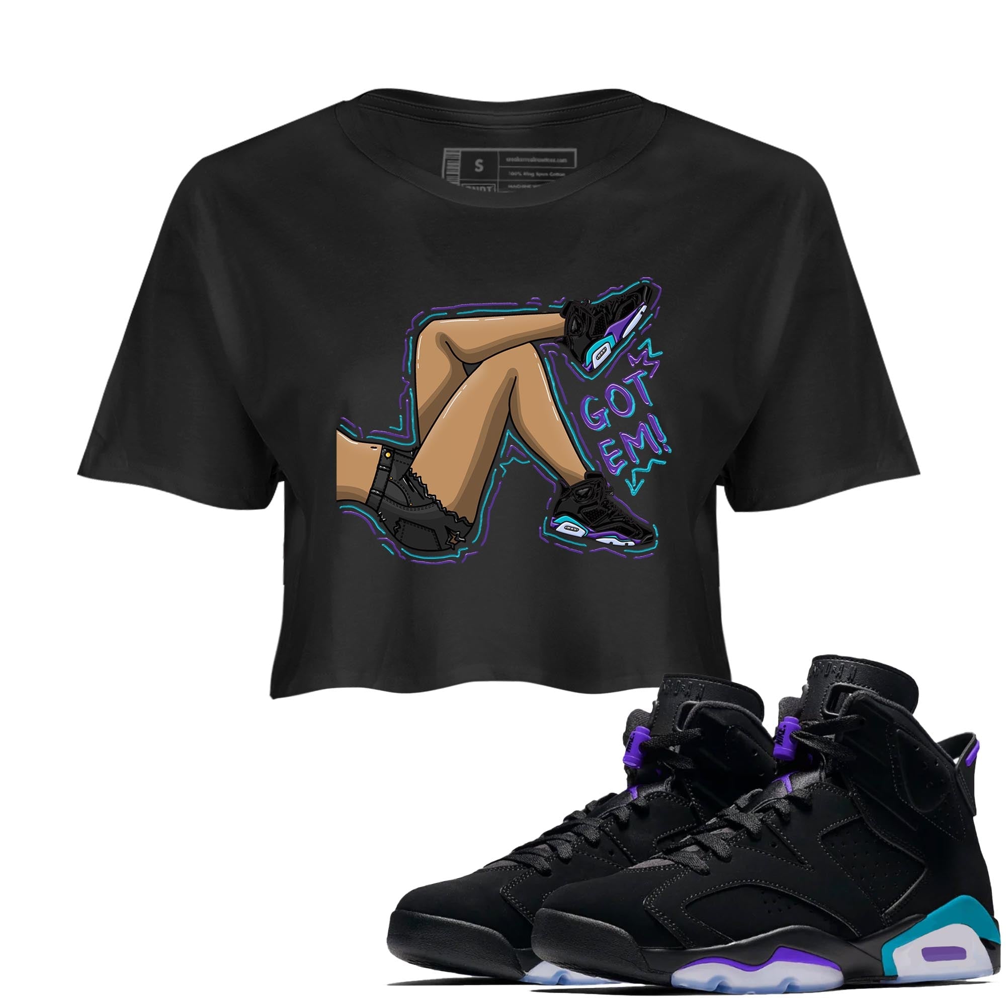 AJ6 Aqua shirt to match jordans Got Em Legs sneaker release tees Air Jordan 6 Aqua Drip Gear Zone Black 1 Crop T-Shirt