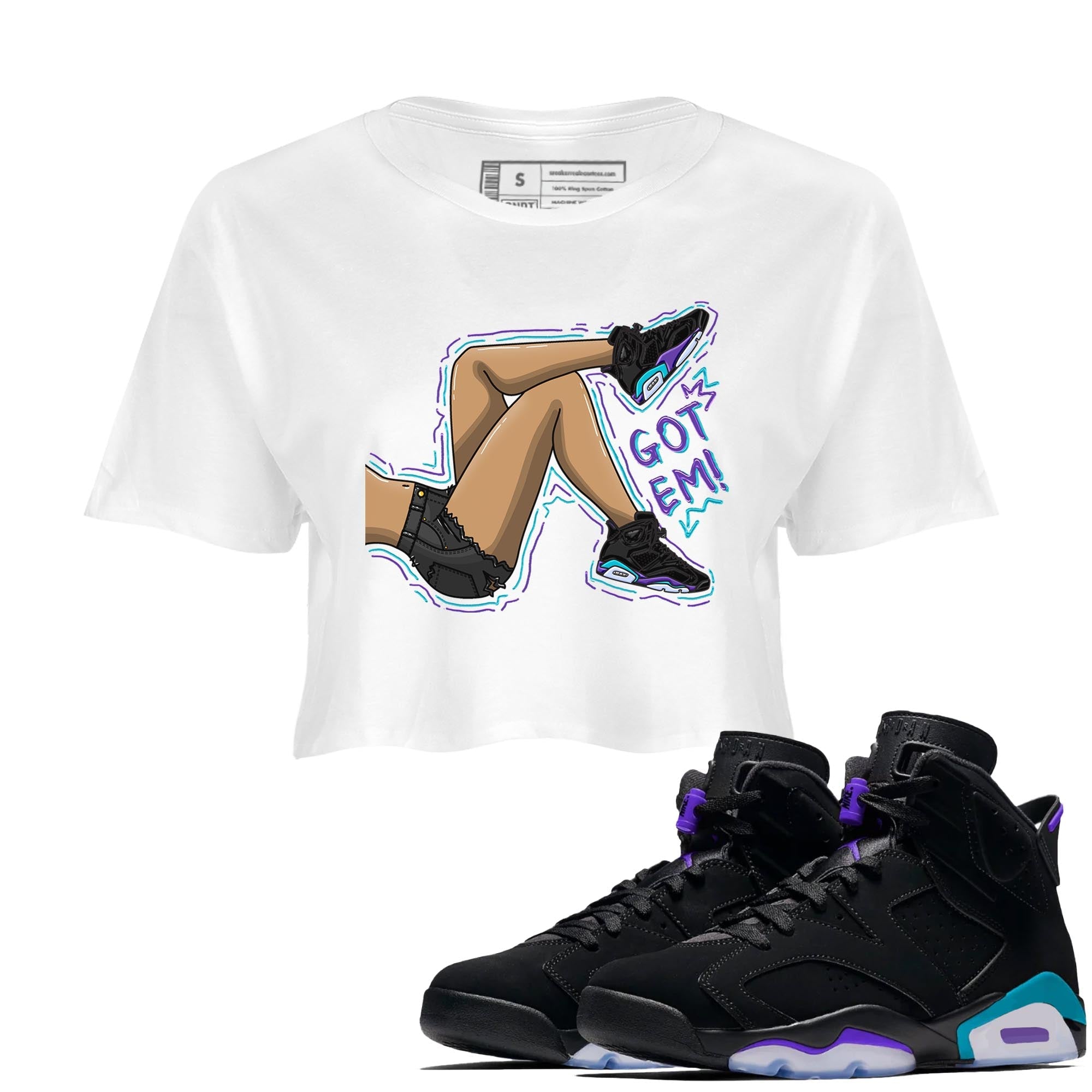 AJ6 Aqua shirt to match jordans Got Em Legs sneaker release tees Air Jordan 6 Aqua Drip Gear Zone White 1 Crop T-Shirt