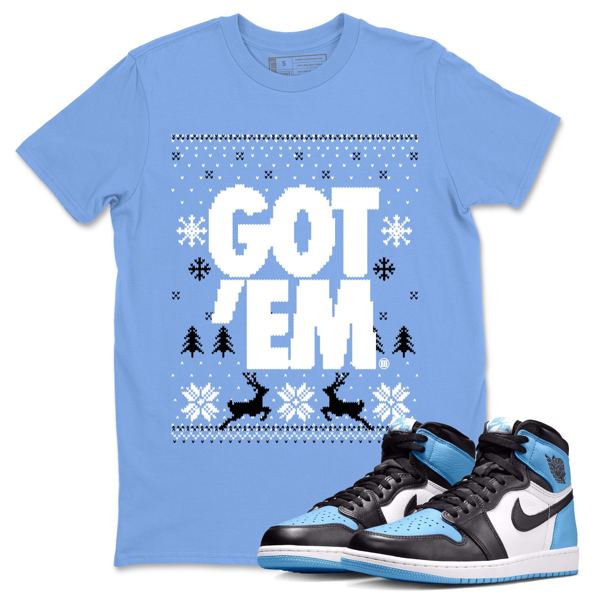 1s UNC Toe shirts to match jordans Christmas Gift Got Em Ugly Sweater sneaker match tees Air Jordan 1 High OG UNC Toe match shoes to clothes Drip Gear Zone unisex cotton Carolina Blue 1 shirts