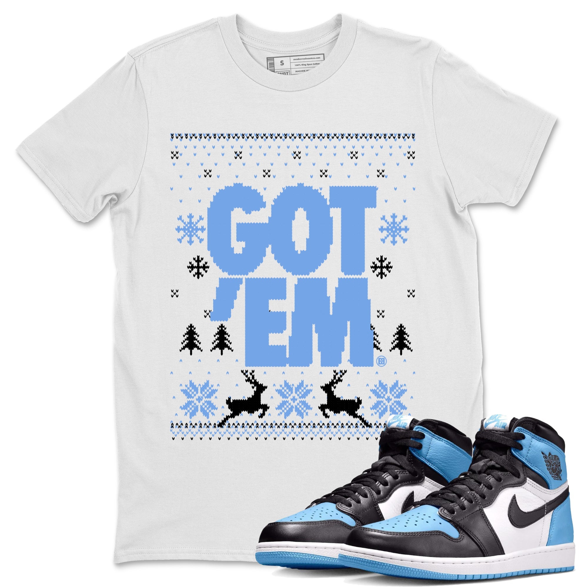 1s UNC Toe shirts to match jordans Christmas Gift Got Em Ugly Sweater sneaker match tees Air Jordan 1 High OG UNC Toe match shoes to clothes Drip Gear Zone unisex cotton White 1 shirts