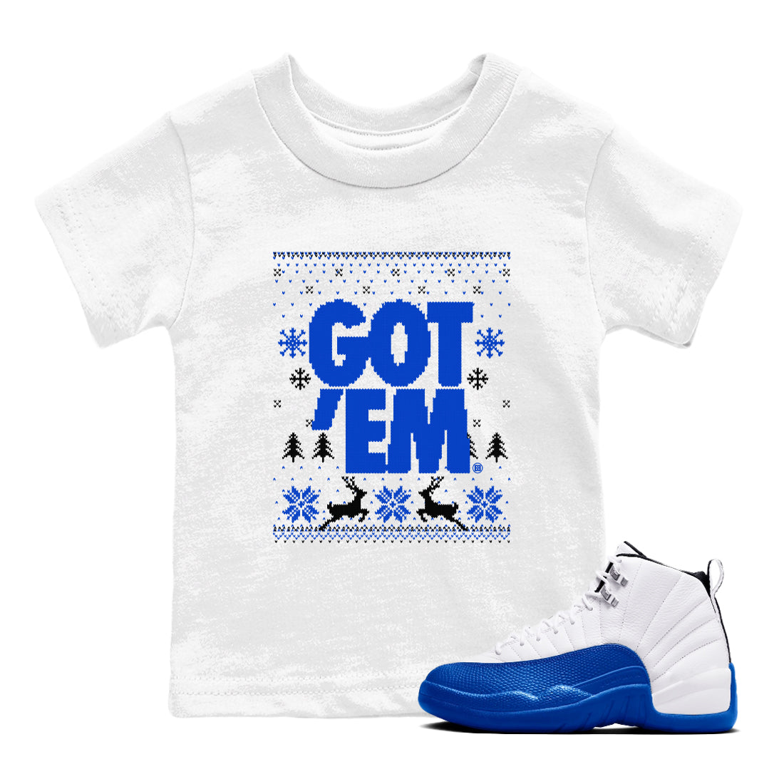 Air Jordan 12 Blueberry t-shirts to match sneakers Christmas Holiday Gift Got Em Ugly Sweater sneaker match tees 12s Blueberry match shoes to clothes Drip Gear Zone Youth Baby White 1 tee