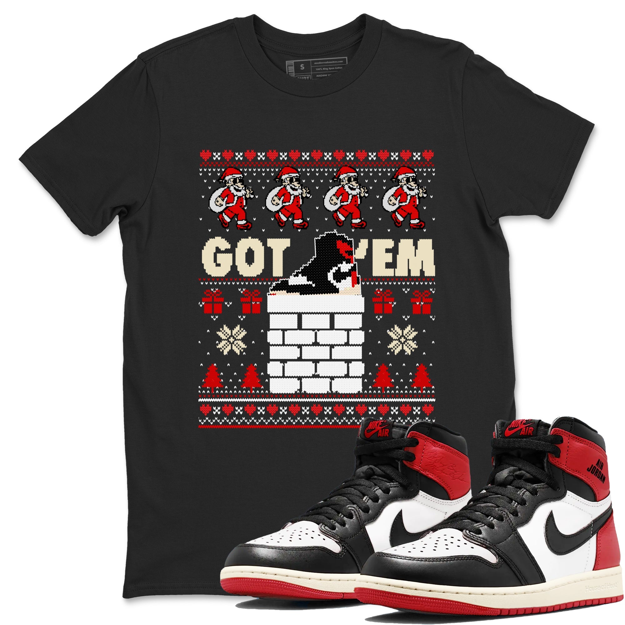 1s Retro High OG Black Toe Reimagined t-shirts to match sneakers Got'em Santa sneaker match tees Air Jordan 1 Black Toe Reimagined match shoes to clothes Drip Gear Zone unisex cotton Black 1 shirts
